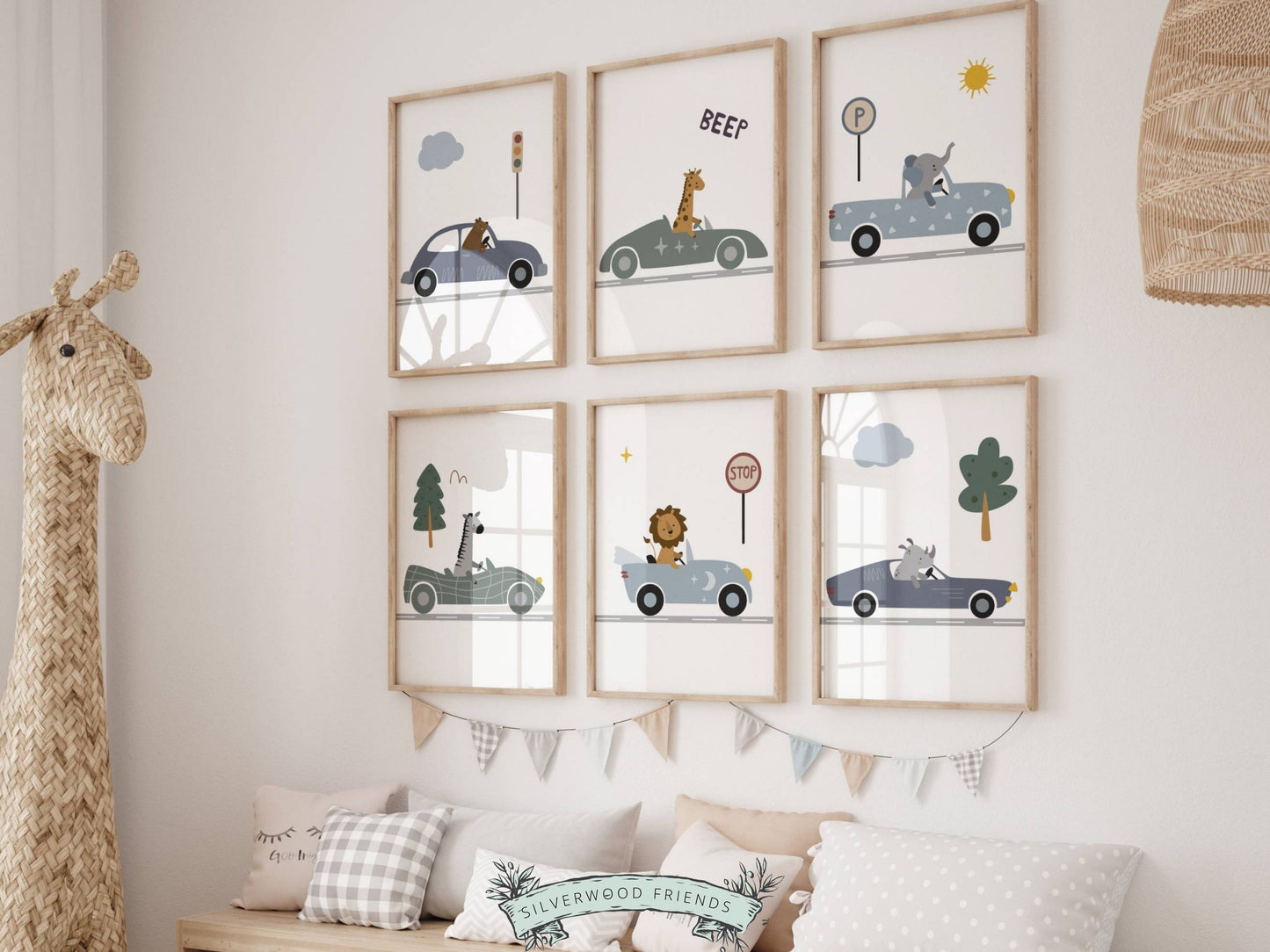 Transform your transport nursery decor with our charming Animals Driving Cars Nursery Prints, showcasing safari animals driving cars amidst woodland and traffic motifs.