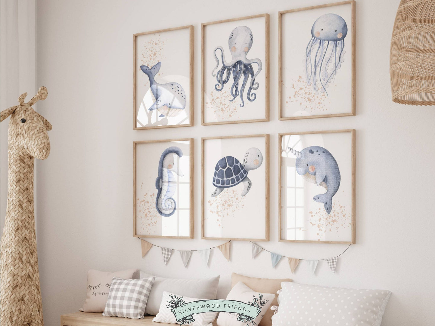 Our Set of 6 Baby Girl Sea Life Nursery Prints with pink watercolour splashes, will spark their imagination and is the perfect addition to your ocean themed nursery or sea themed nursery decor.