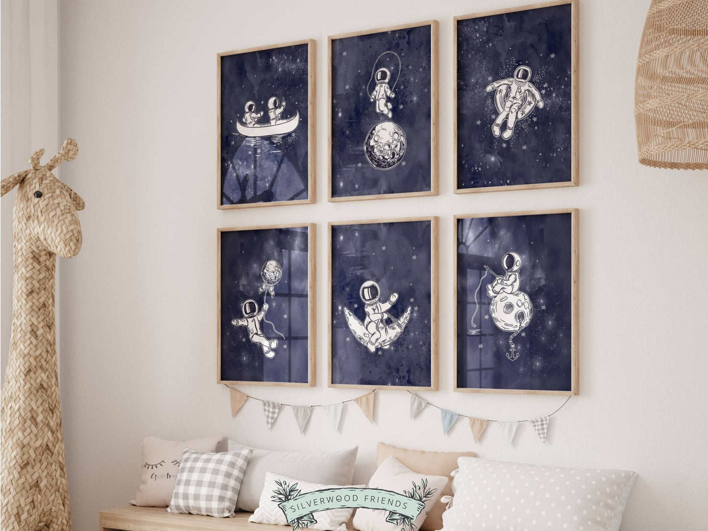 Enhance your outer space themed nursery with our Astronaut Nursery Prints Set of 6, designed to create a calm and cosy atmosphere while sparking your child's wonder and imagination through captivating depictions of the