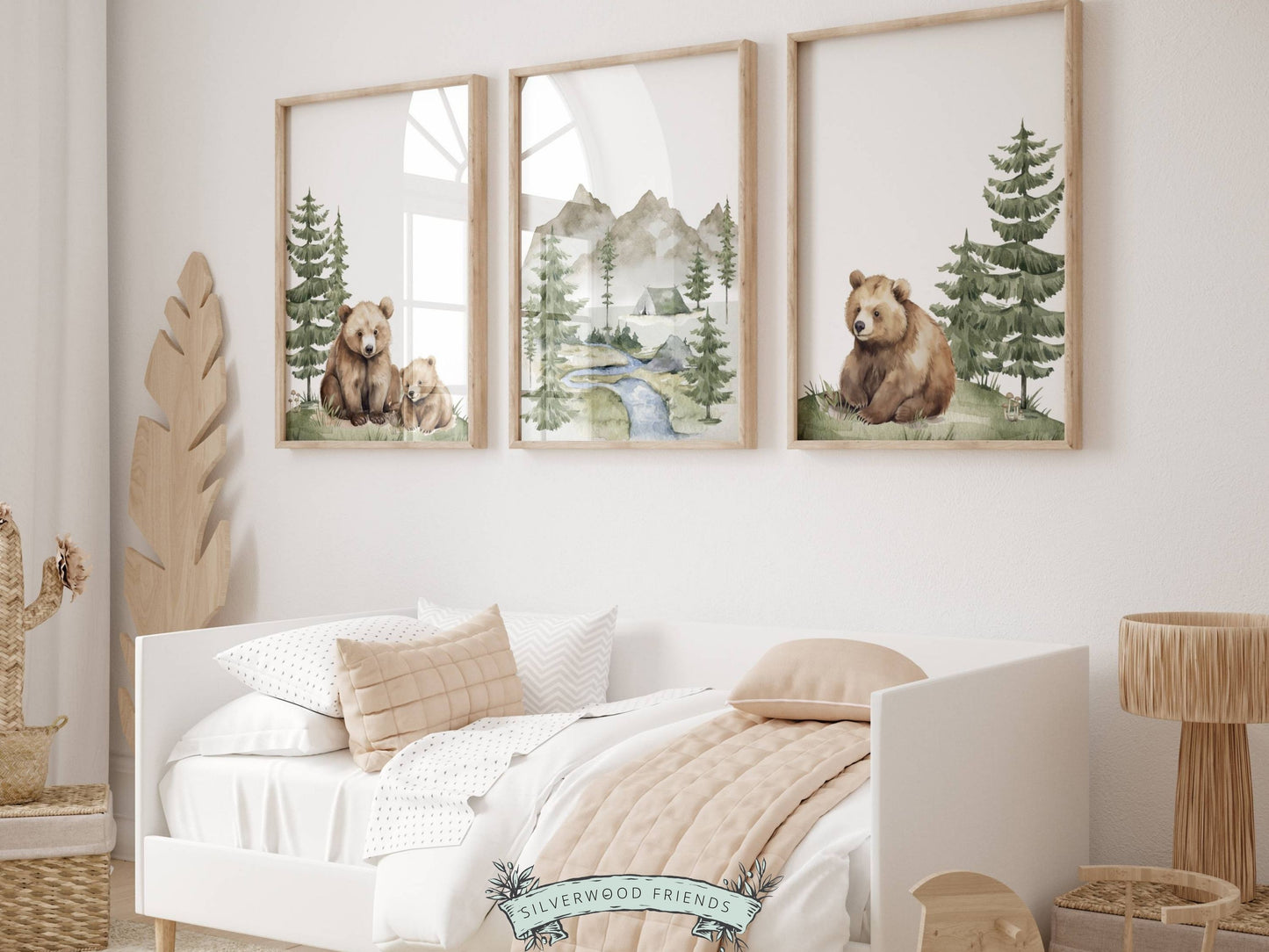 Our adorable Set of 3 Baby Bear Mountain Nursery Prints with watercolour brown bears and forest, mountain and river landscape, is the perfect addition to your baby's woodland nursery decor or nature themed nursery decor and makes a unique woodland baby shower gift.