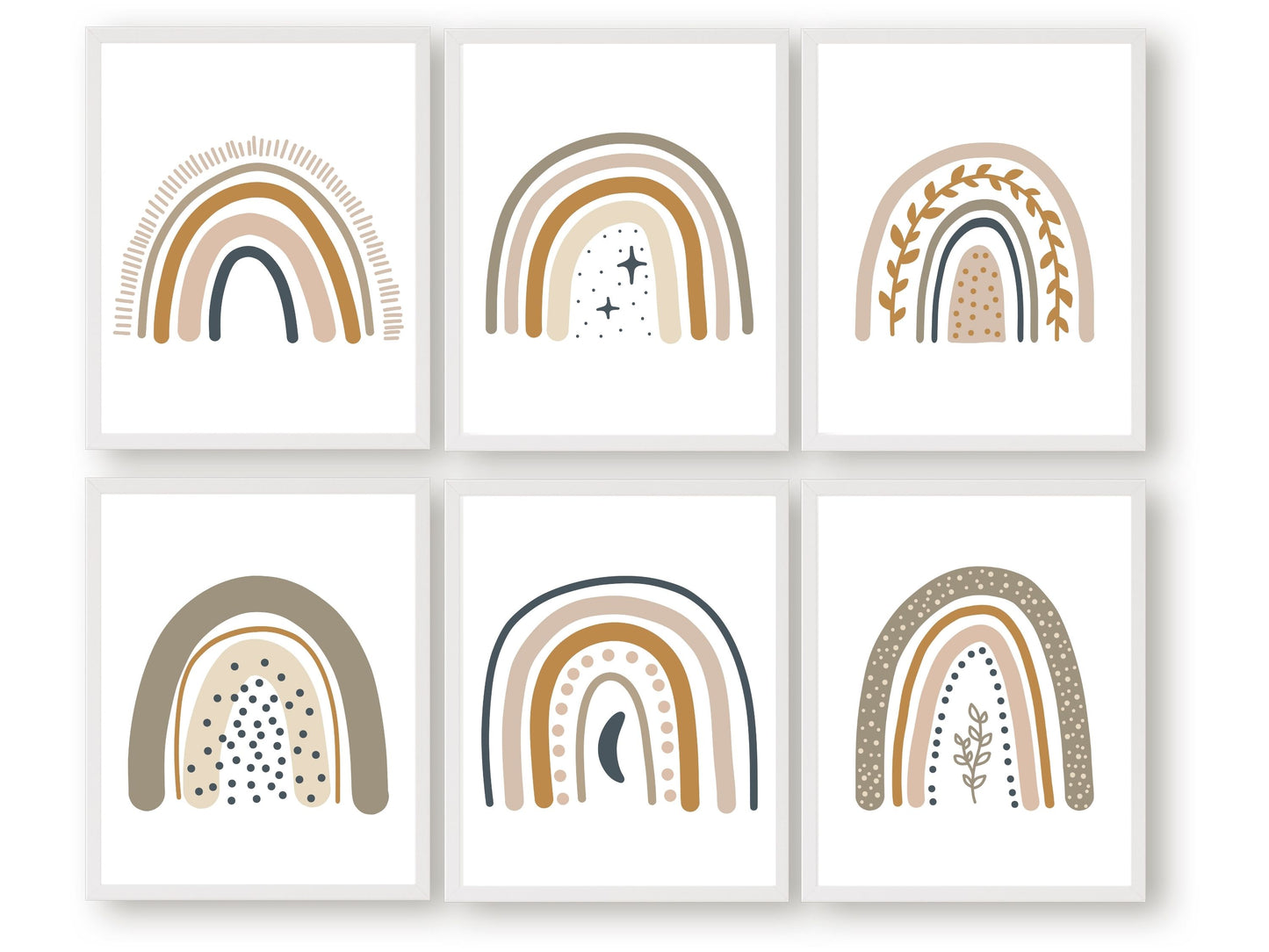 Our Set of 6 Boho Rainbow Nursery Prints, featuring boho rainbows will create a harmonious and dreamy atmosphere in your little one's neutral nursery decor and also makes the perfect gender neutral baby shower gift.