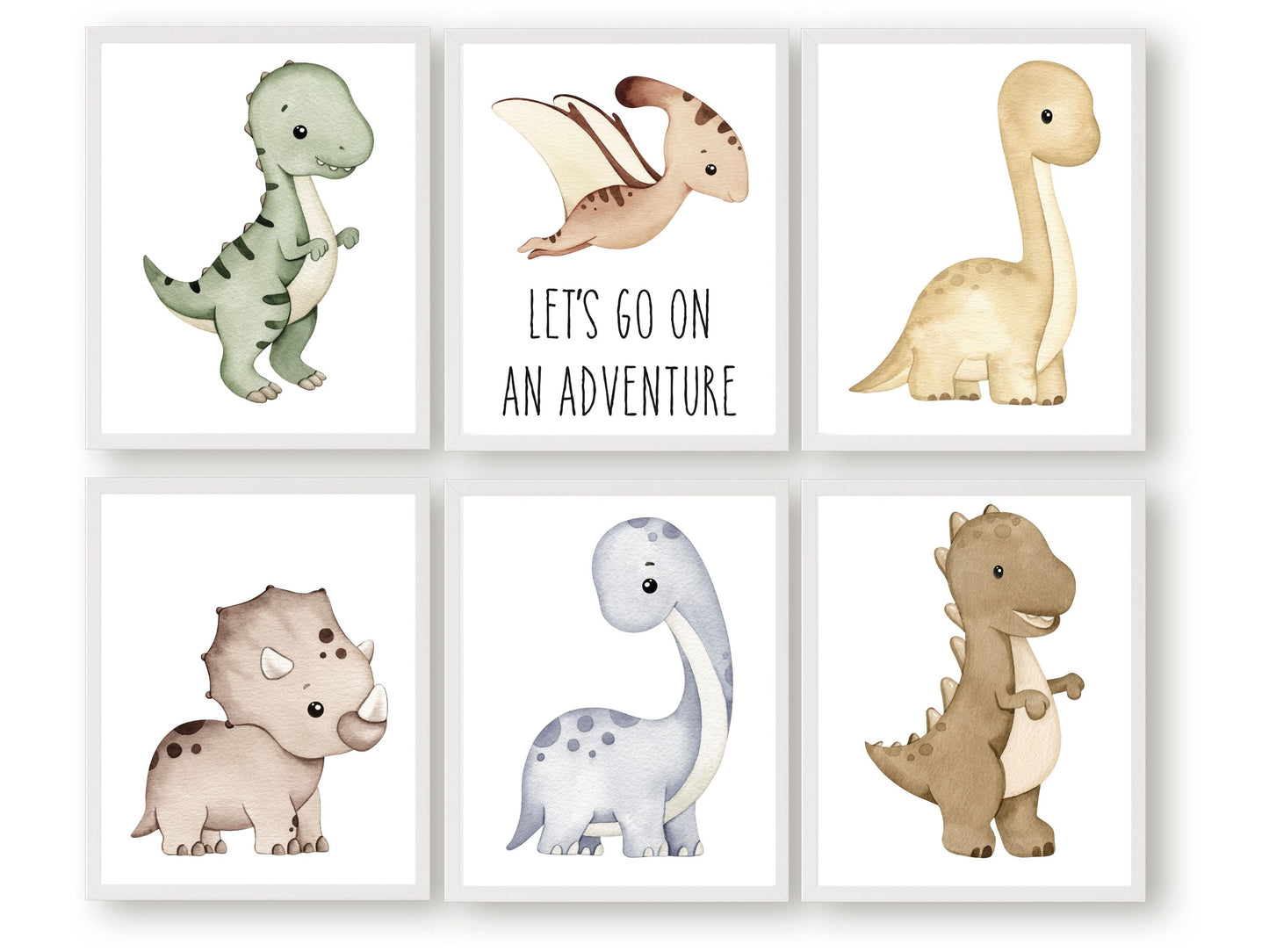 Transform your baby boys nursery with our Set of 6 Dinosaur Nursery Prints, featuring adorable watercolour dinosaurs and quote Lets go on an adventure.