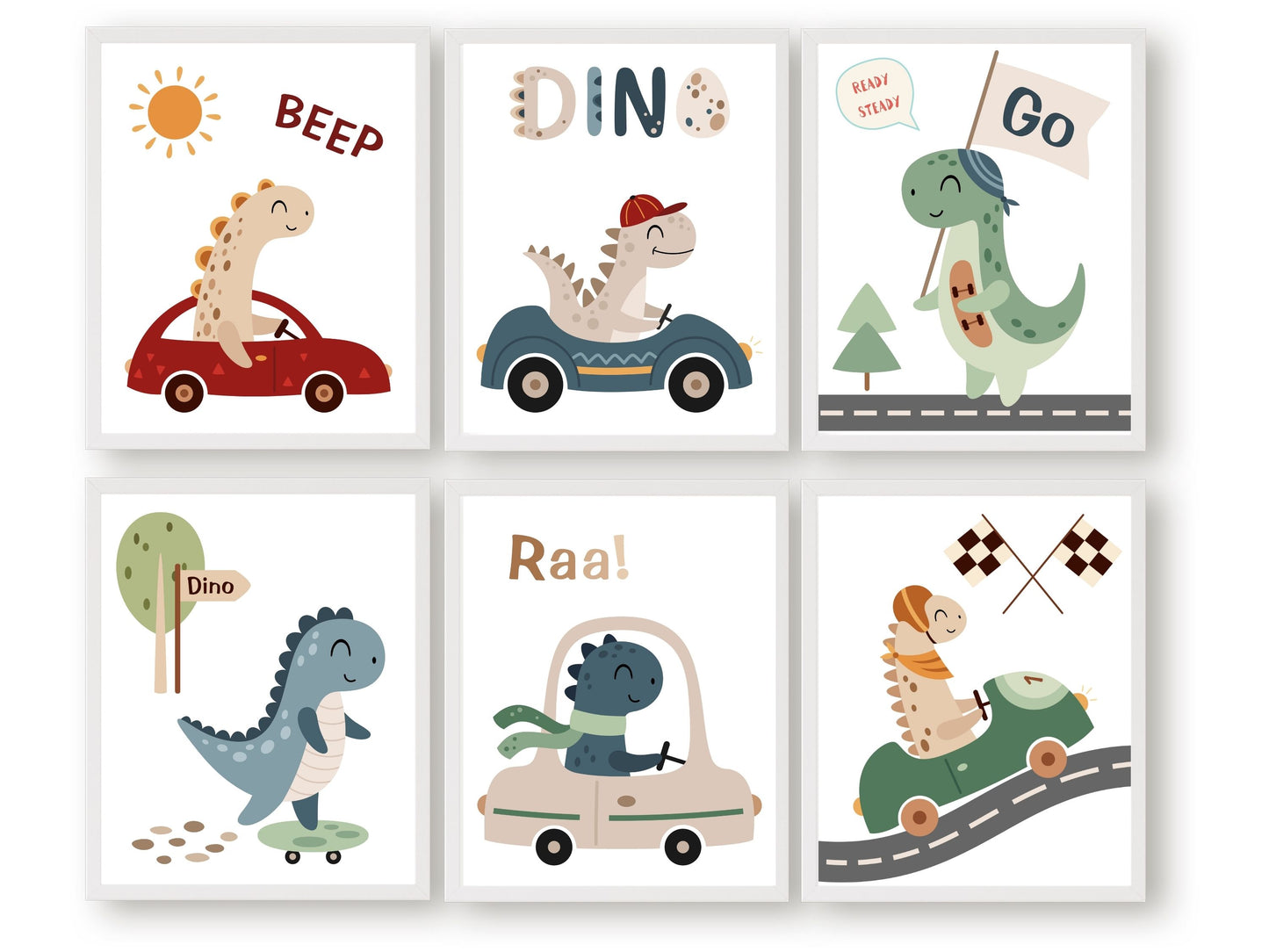 Dinosaurs Driving Cars - Set of 6 Prints