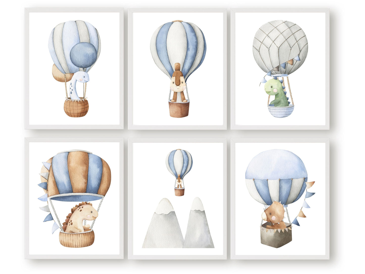 Set of 6 Dinosaur Nursery Prints features watercolour dinosaurs in hot air balloons - the perfect addition to any dinosaur lovers baby boys nursery decor! Each print showcases a different prehistoric creature in a hot air balloon and is perfect for your dinosaur theme nursery or as an adorable dinosaur baby shower gift.