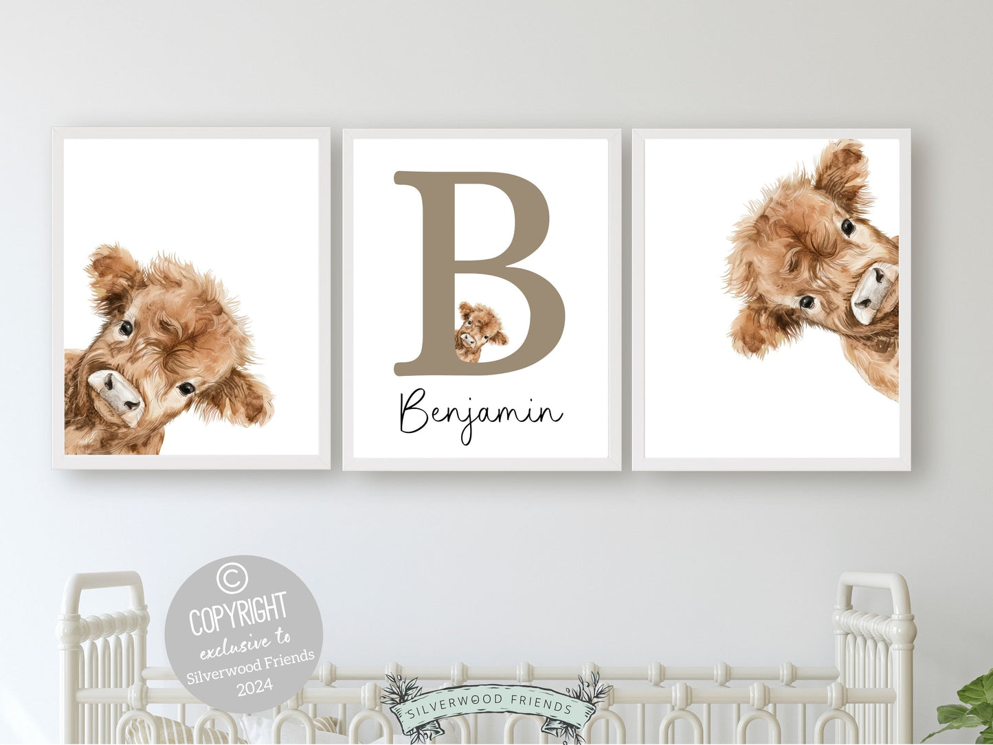 Our delightful minimalist Set of 3 Peeking Cow Custom Name Nursery Prints features adorable peeking cows with a custom letter and name in your choice of colour.