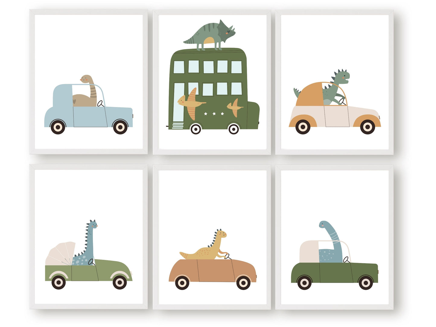 Set of 6 Dinosaur Car Nursery Prints features dinosaurs on wheels - the perfect addition to any dinosaur lovers nursery decor! Perfect for your dinosaur theme nursery or transport theme nursery and makes a unique dinosaur baby shower gift.