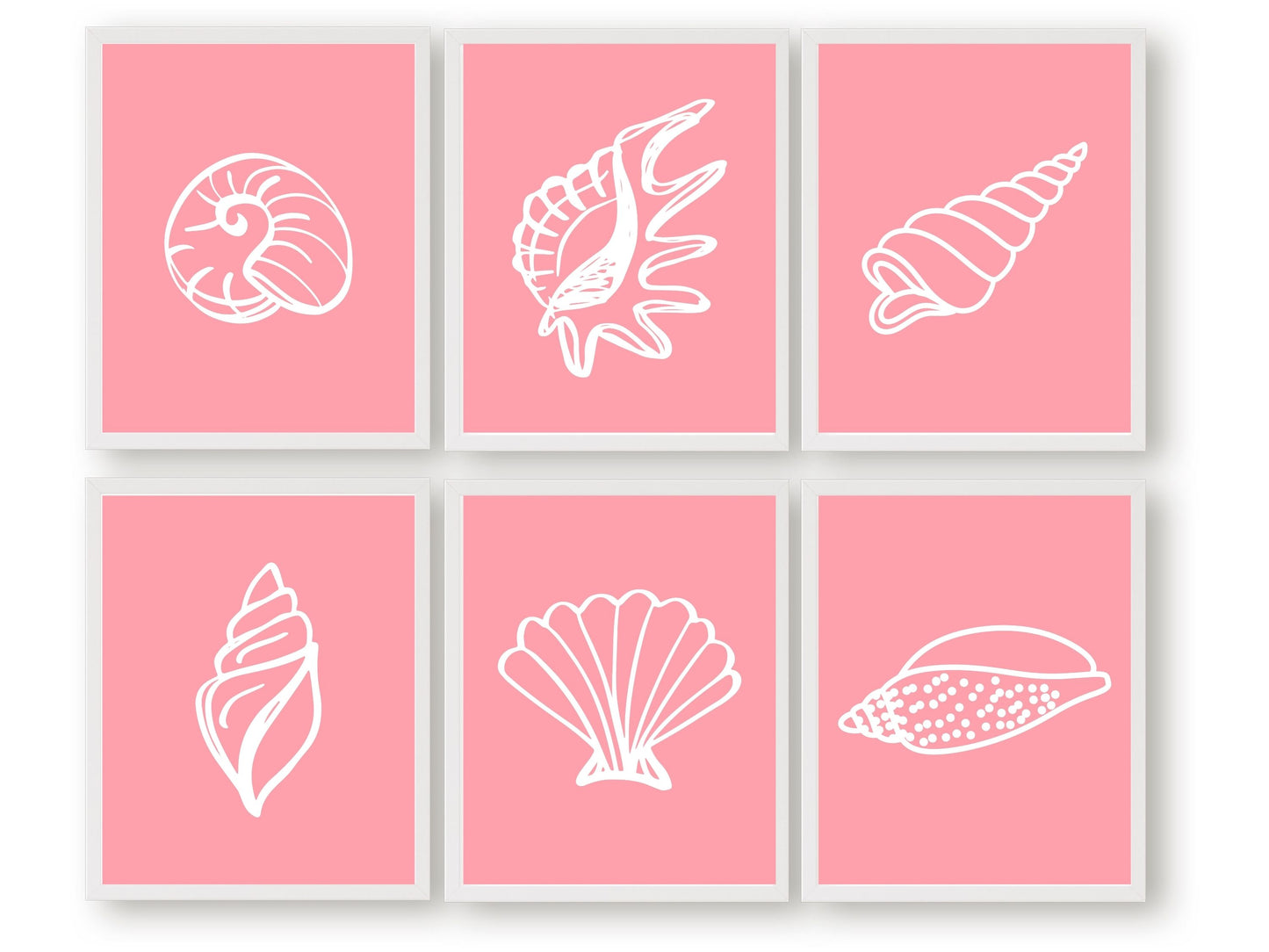 6 Pink Seashell Prints featuring white seashells on a pink background, ideal for your beach house or girls room wall decor.