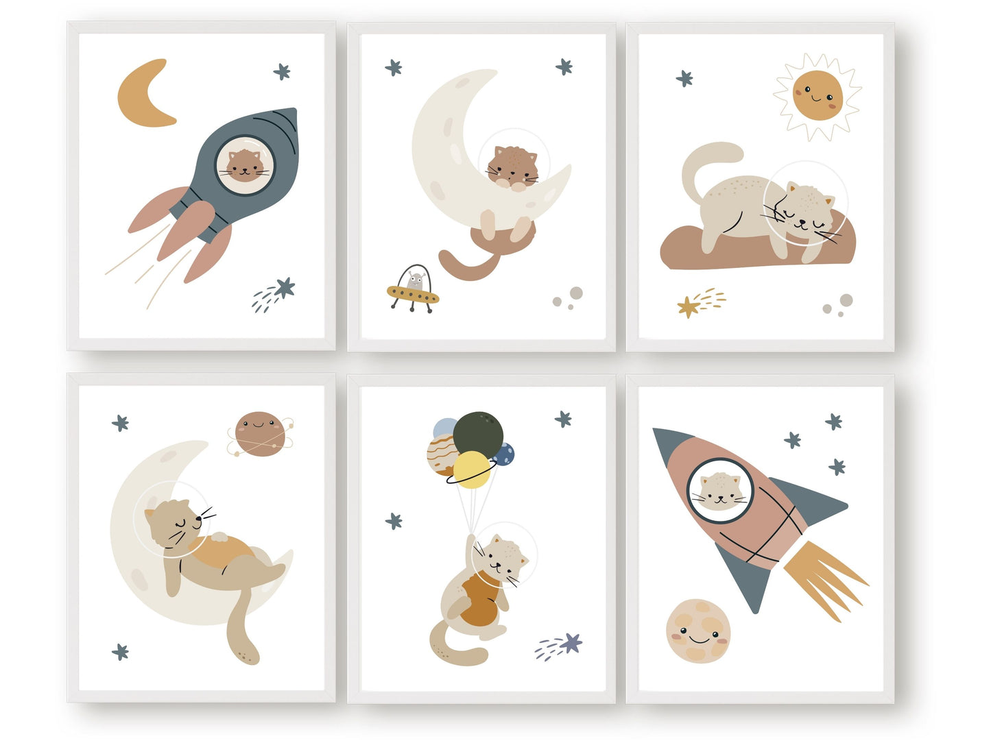 Transform your babys nursery decor into a realm of cosmic wonder with our enchanting Set of 6 Space Nursery Prints featuring cat astronauts, moon, planets, stars, and spaceships
