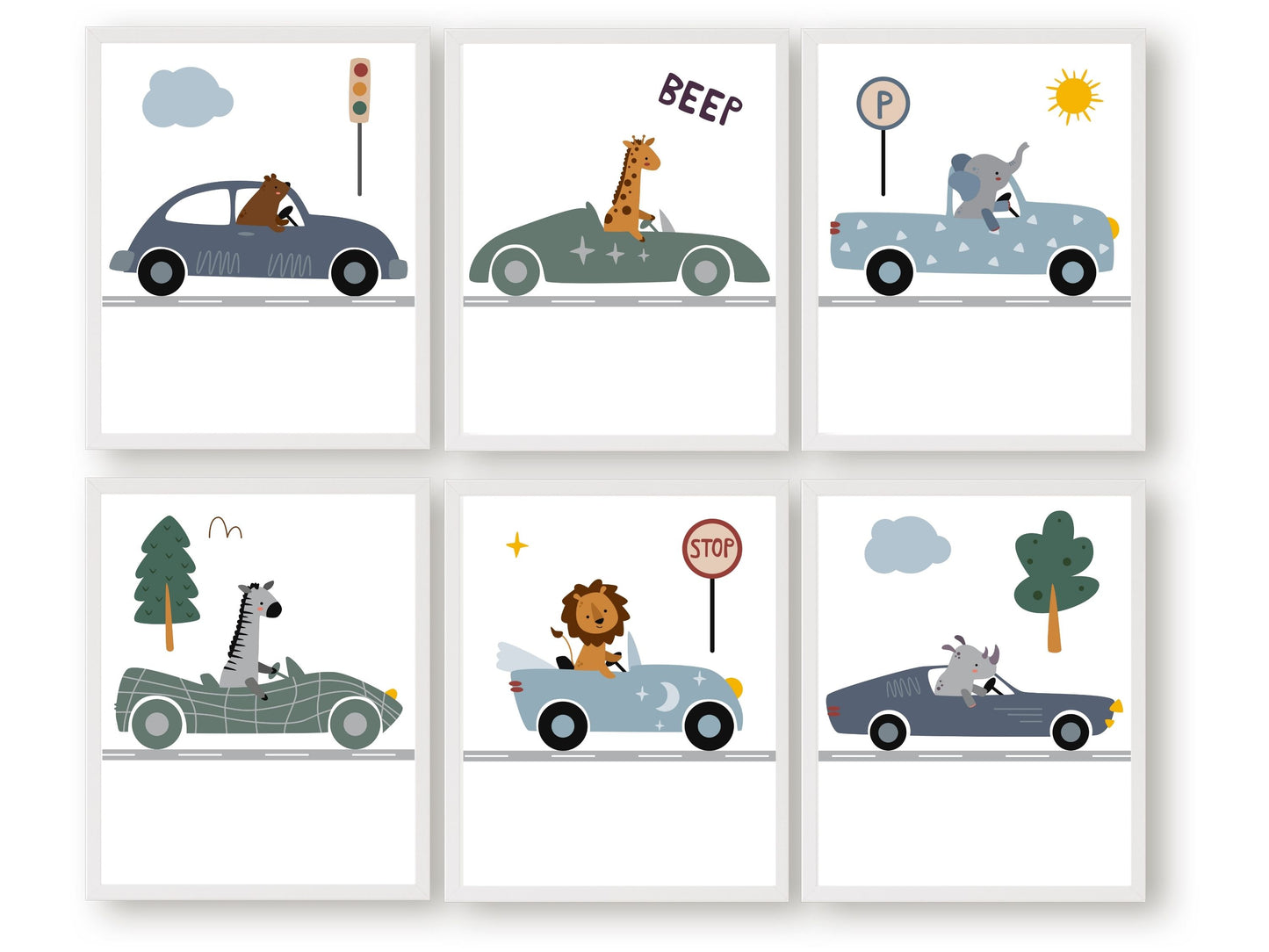 Transform your transport nursery decor with our charming Animals Driving Cars Nursery Prints, showcasing safari animals driving cars amidst woodland and traffic motifs.