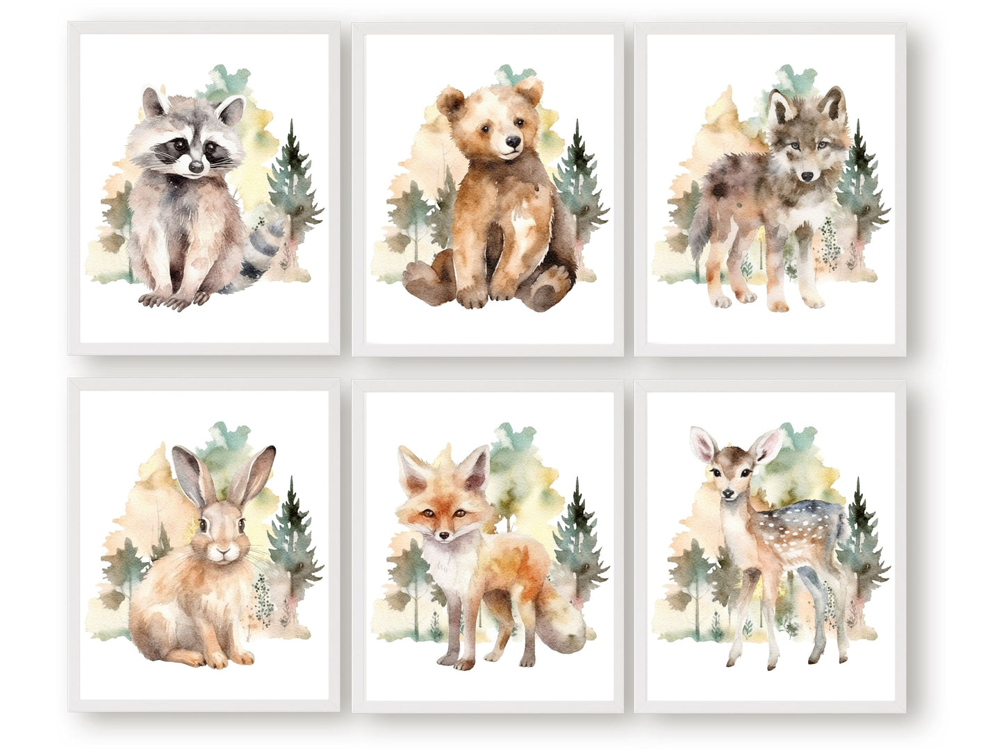 Our gorgeous Watercolour Woodland Animal Nursery Prints featuring baby bear, wolf, fox, bunny, deer and raccoon, are the perfect addition to your babys woodland nursery decor or nature themed nursery and also makes a unique baby shower gift.