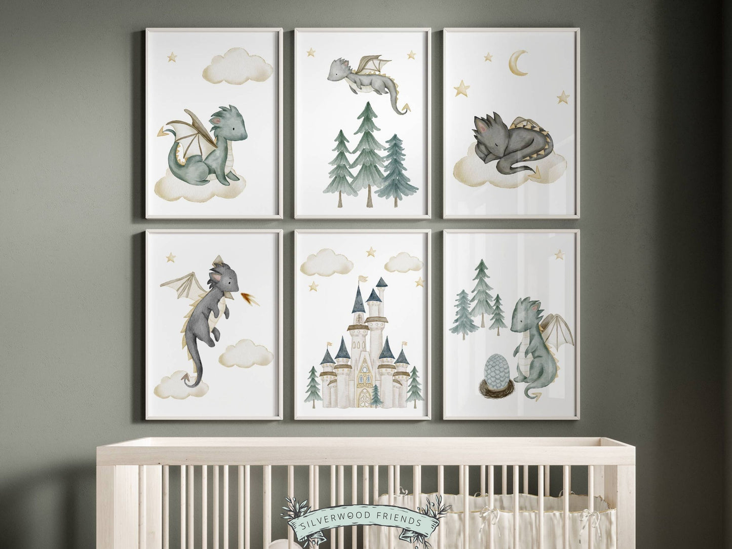 Our Baby Dragon Nursery Prints Set of 6 will spark their imagination and create a calm and cosy atmosphere and is part of or BEST SELLING baby dragon nursery decor collection.