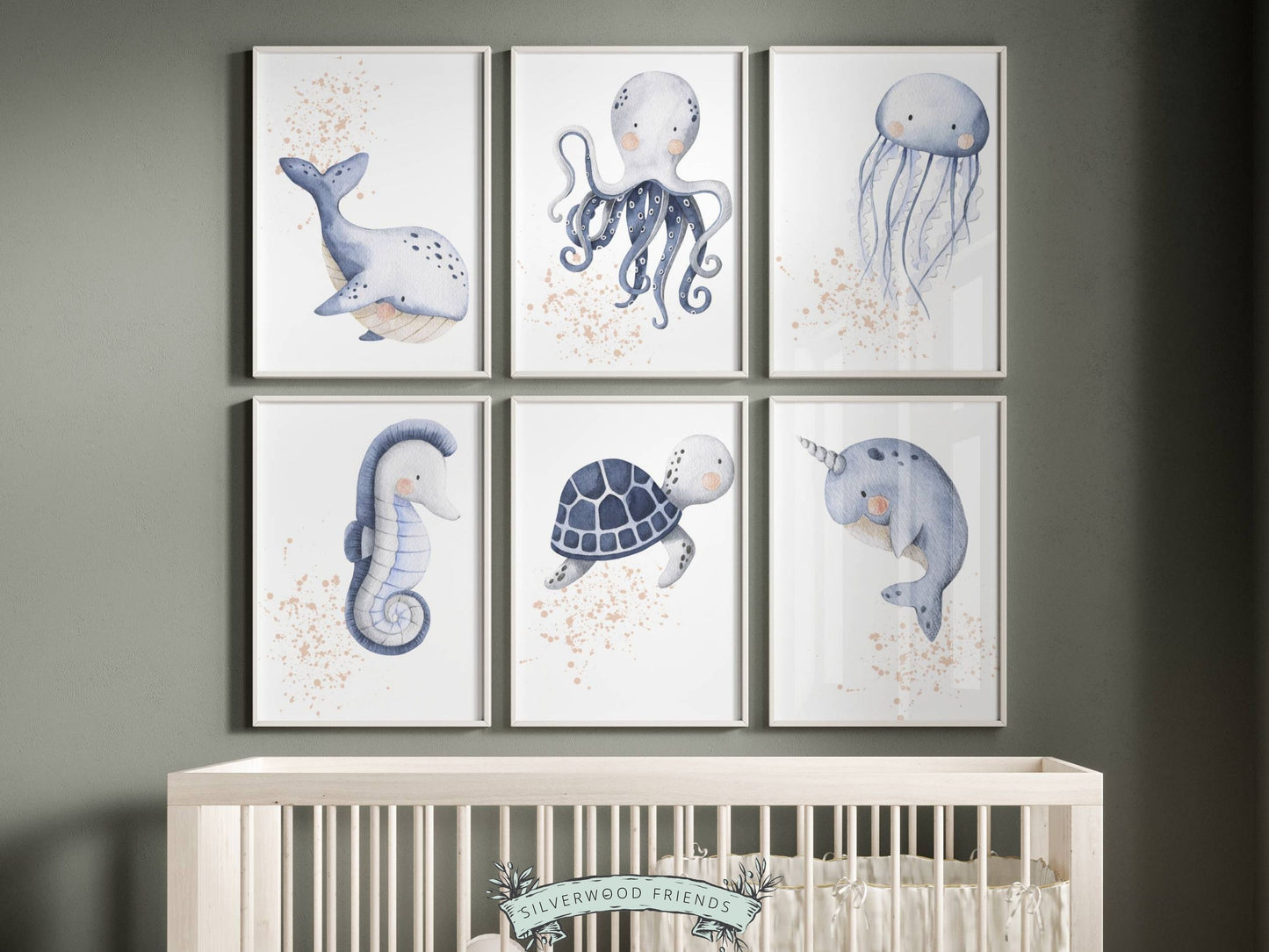 Our Set of 6 Baby Girl Sea Life Nursery Prints with pink watercolour splashes, will spark their imagination and is the perfect addition to your ocean themed nursery or sea themed nursery decor.