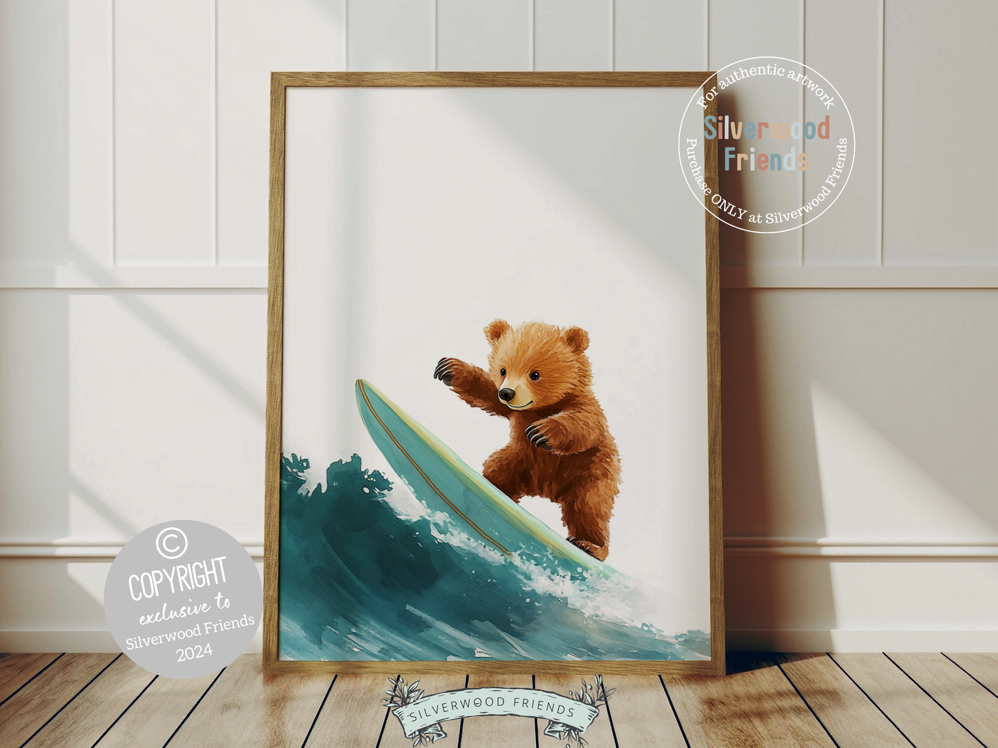 Our charming Bear Surfing Nursery Print showcases an adorable watercolour surfing brown bear, perfect for adding a playful touch to your bear or surfing themed nursery. It also makes a unique and thoughtful baby shower gift!