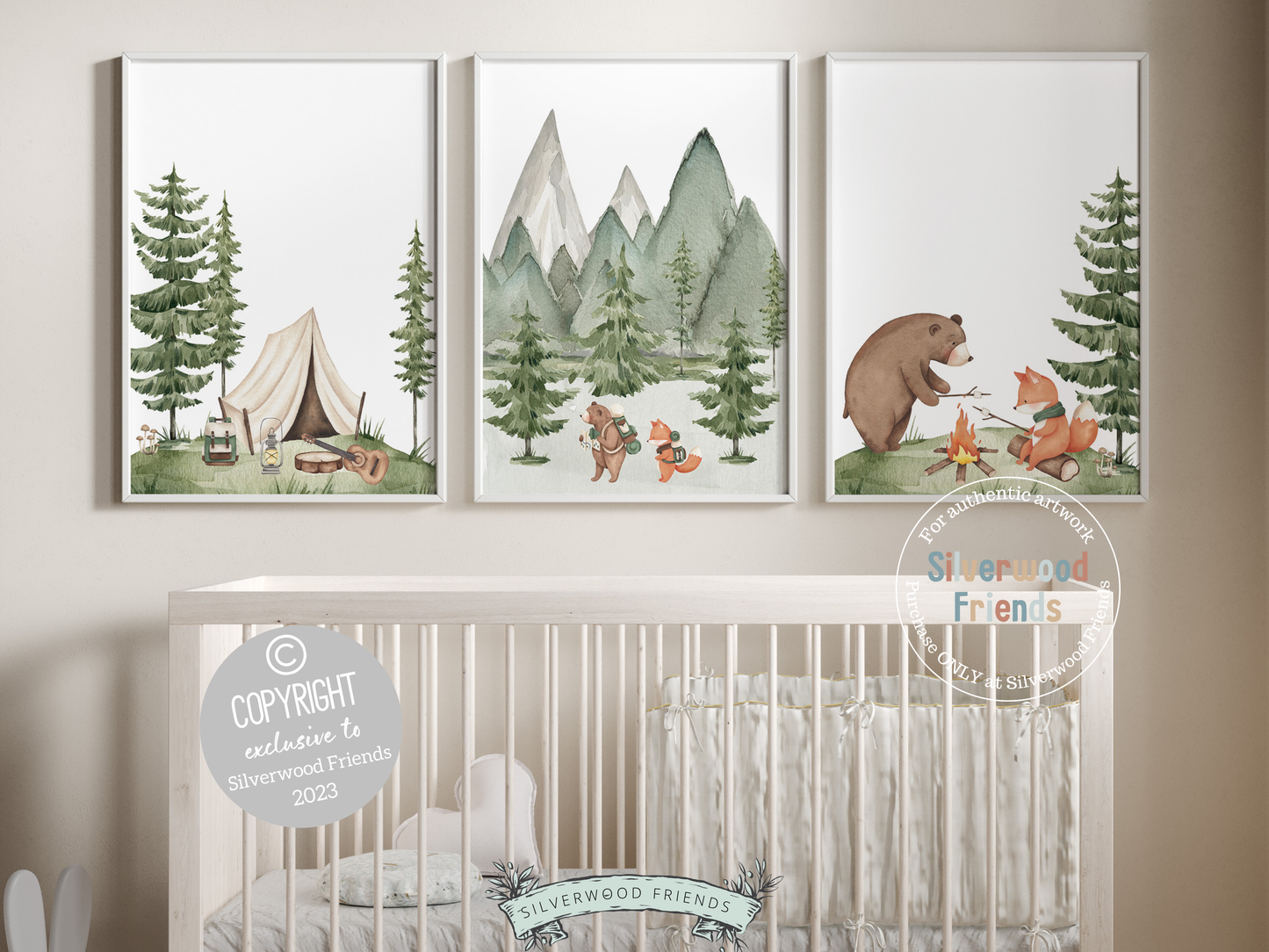Our adorable Woodland Camping Nursery Prints featuring a baby bear and fox camping surrounded by a gorgeous forest and mountain landscape will be the perfect addition to your baby's woodland nursery decor and also make a lovely woodland baby shower gift.