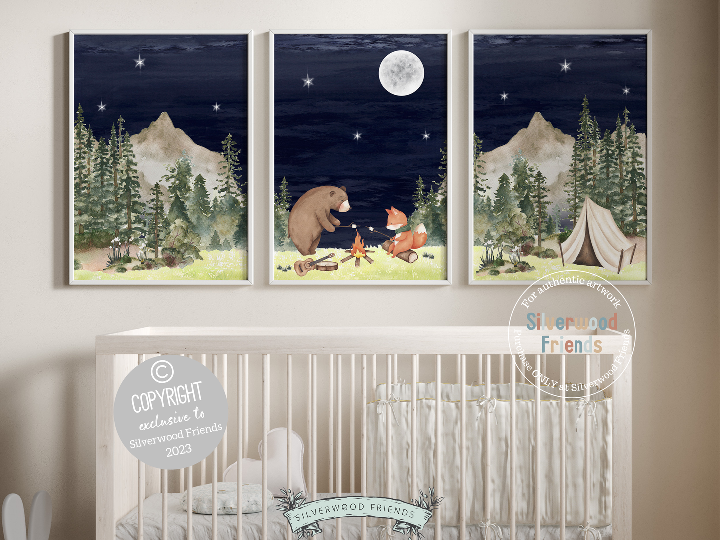 Our adorable baby bear and fox Camping Animals Nursery Prints featuring watercolour woodland forest and mountain landscape with a bear and fox by a campfire at night, are the perfect addition to your baby's woodland nursery decor and also make a lovely woodland baby shower gift.