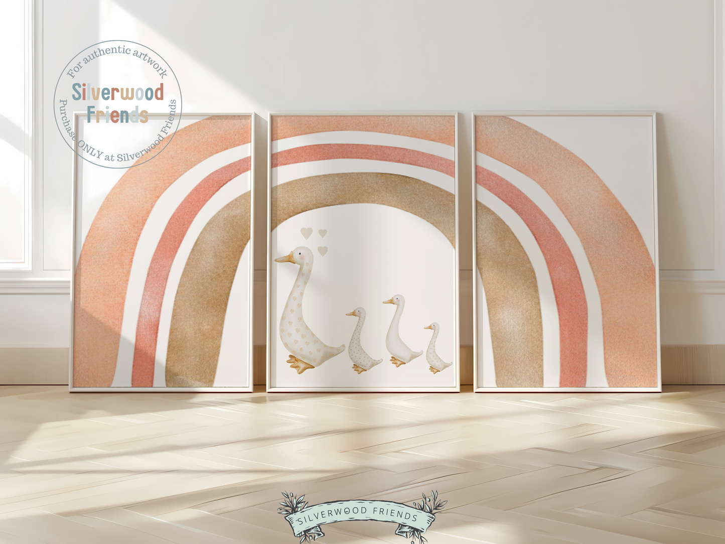 Our gorgeous Duck Nursery Prints with watercolour rainbow, duck and ducklings, is the perfect nursery print set for your boho nursery decor, and also makes a lovely baby shower gift.