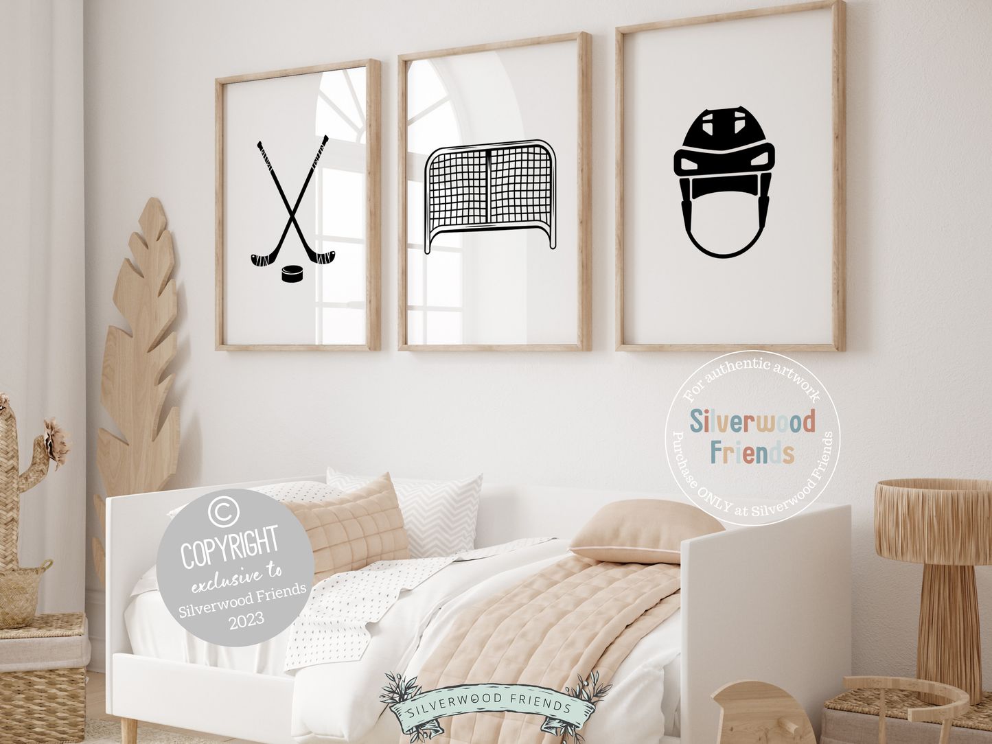 Elevate your sports nursery decor or sport-themed room with this set of 3 black and white minimalist ice hockey prints, featuring hockey sticks and puck, hockey goal post, and hockey helmet.