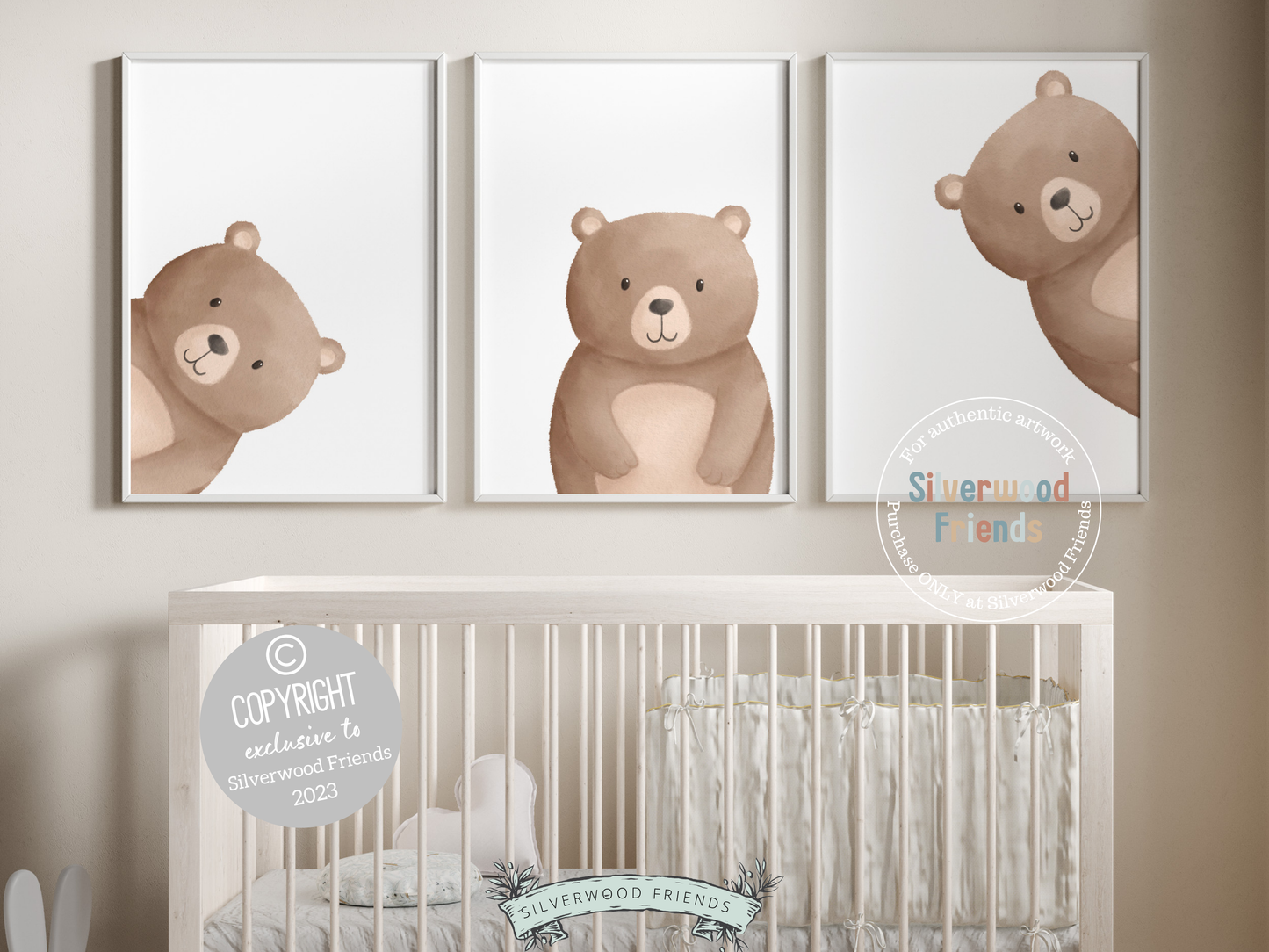 Our delightful minimalist Peeking Bear Nursery Print Set of 3 features adorable peeking brown bears. It's perfect for your bear nursery decor or woodland nursery and also makes a delightful baby shower gift.