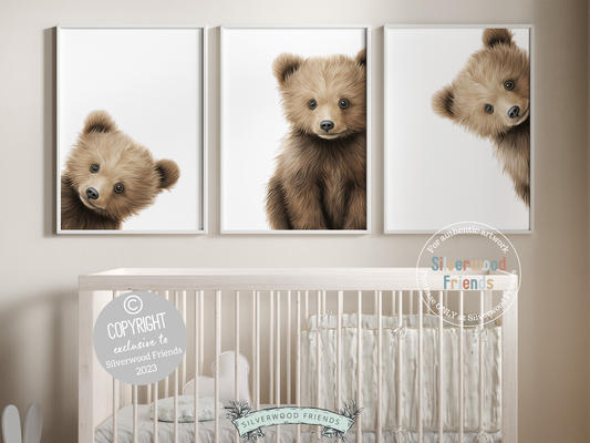 Our delightful minimalist Set of 3 Peeking Bear Nursery Prints features adorable peeking brown bears. It's perfect for your bear nursery decor or woodland nursery decor and also makes a unique baby shower gift.