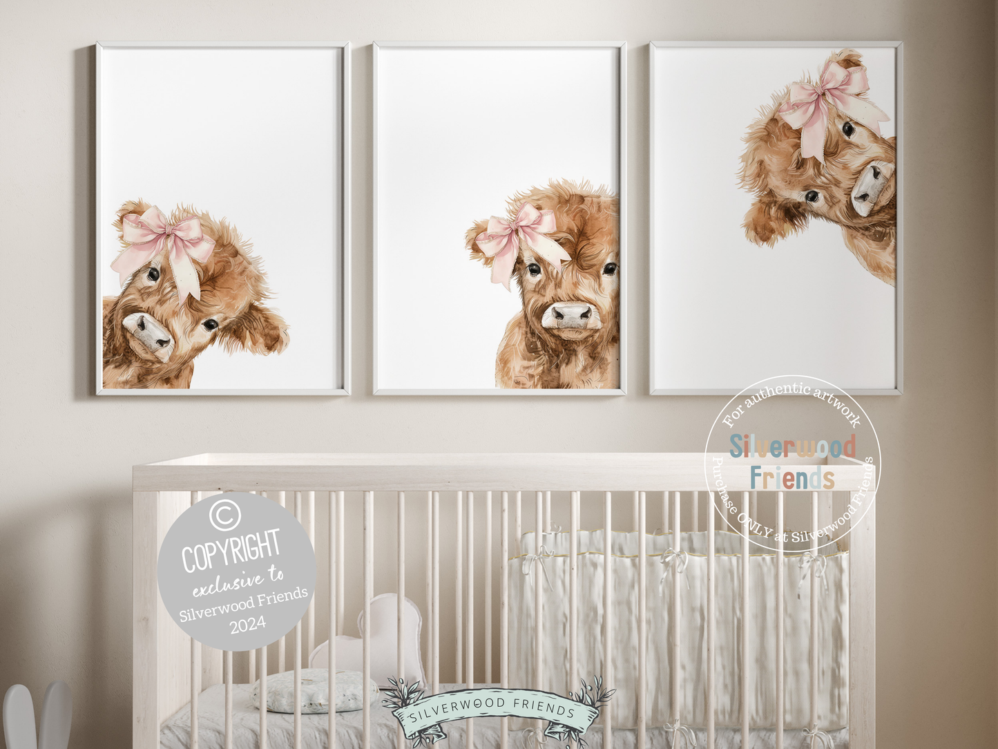 Our Peeking Highland Cow Nursery Prints features adorable watercolour peeking baby highland cows with pink bows, set on a white background and is perfect for your baby girl's farm nursery decor or as a unique farm baby shower gift.