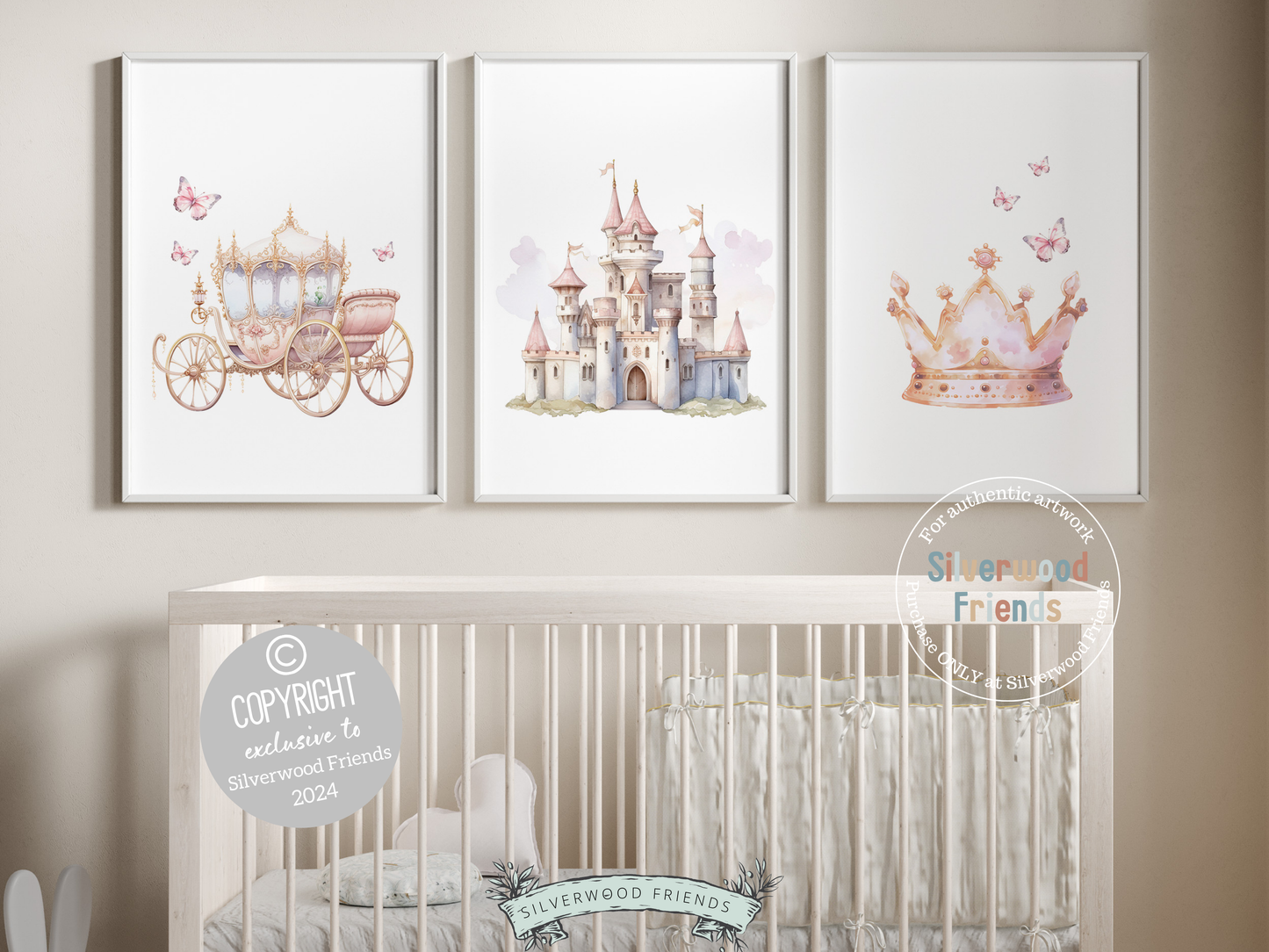 Turn your baby girl's nursery into a realm of fairy tale enchantment with our captivating Set of 3 Princess Nursery Prints, featuring a whimsical castle, majestic carriage, crown and butterflies. Perfect for a princess themed bedroom these prints evoke dreams of graceful twirls and elegant pirouettes, adding a touch of magical charm to her space.