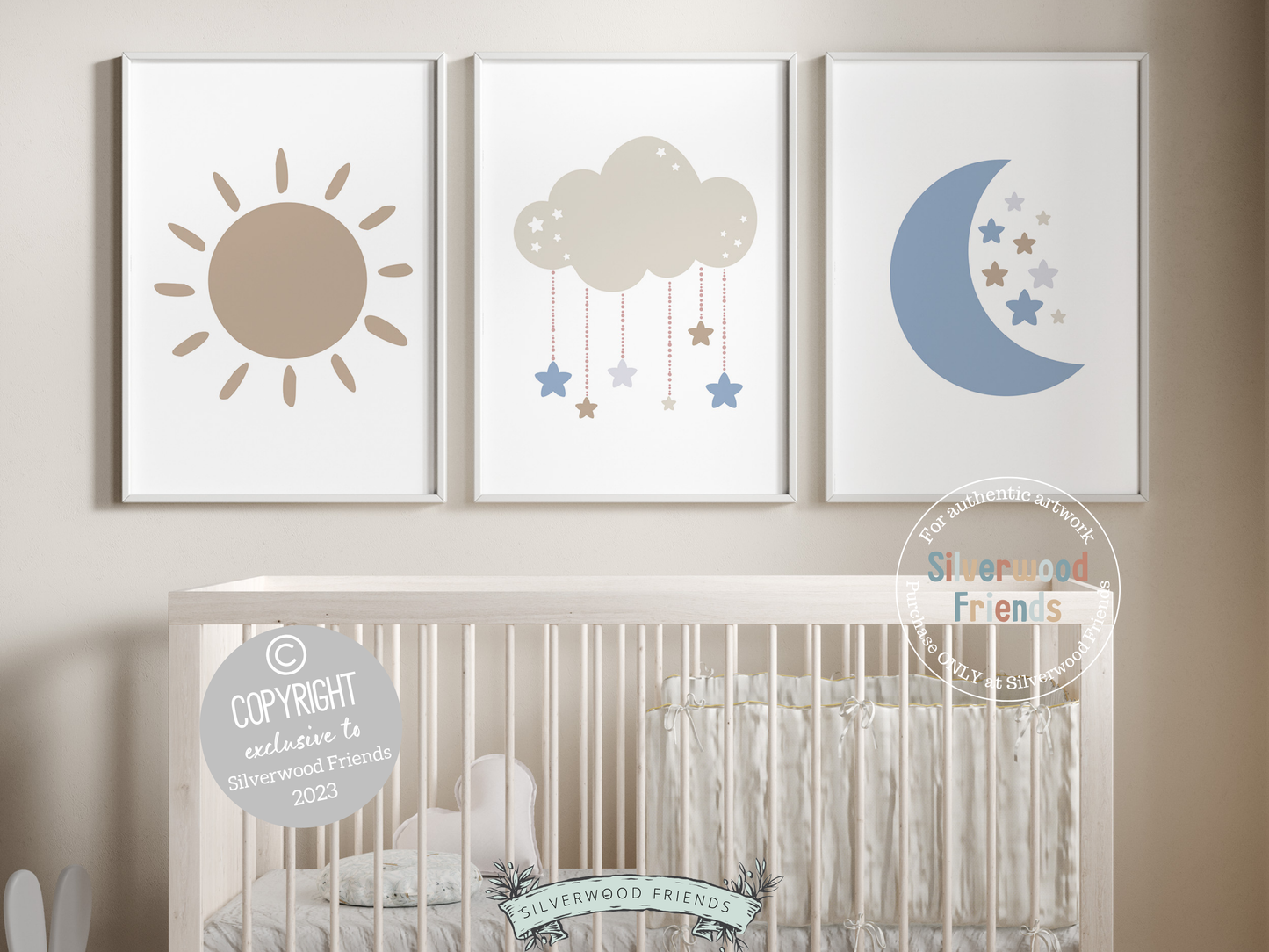 Our Cloud Moon Sun Nursery Prints, features a sun, moon, cloud and stars and will create a harmonious and dreamy atmosphere in your little one's nursery and also makes the perfect gender neutral baby shower gift.
