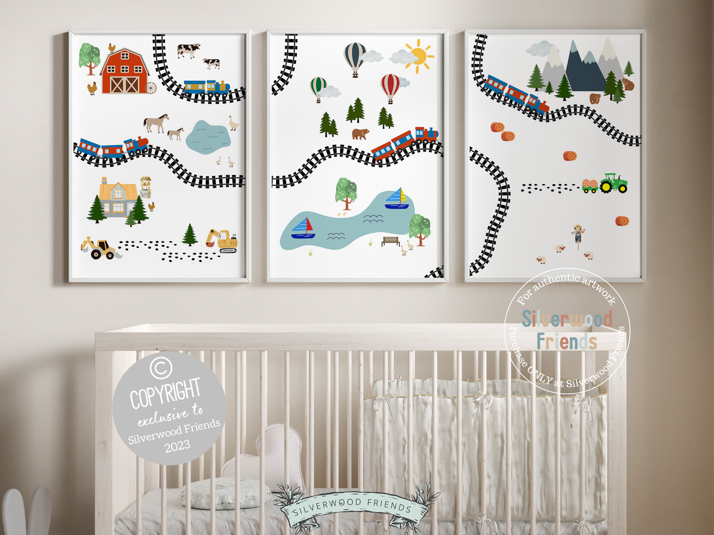 Ignite joy in your nursery with our Train Nursery Prints, where adorable animals roam amongst farms, trains and lakes, for a whimsical and enchanting journey. Whether you're steering towards a transport themed nursery or exploring the charm of farmland, these prints pave the way for an imaginative and delightful adventure for your little one.