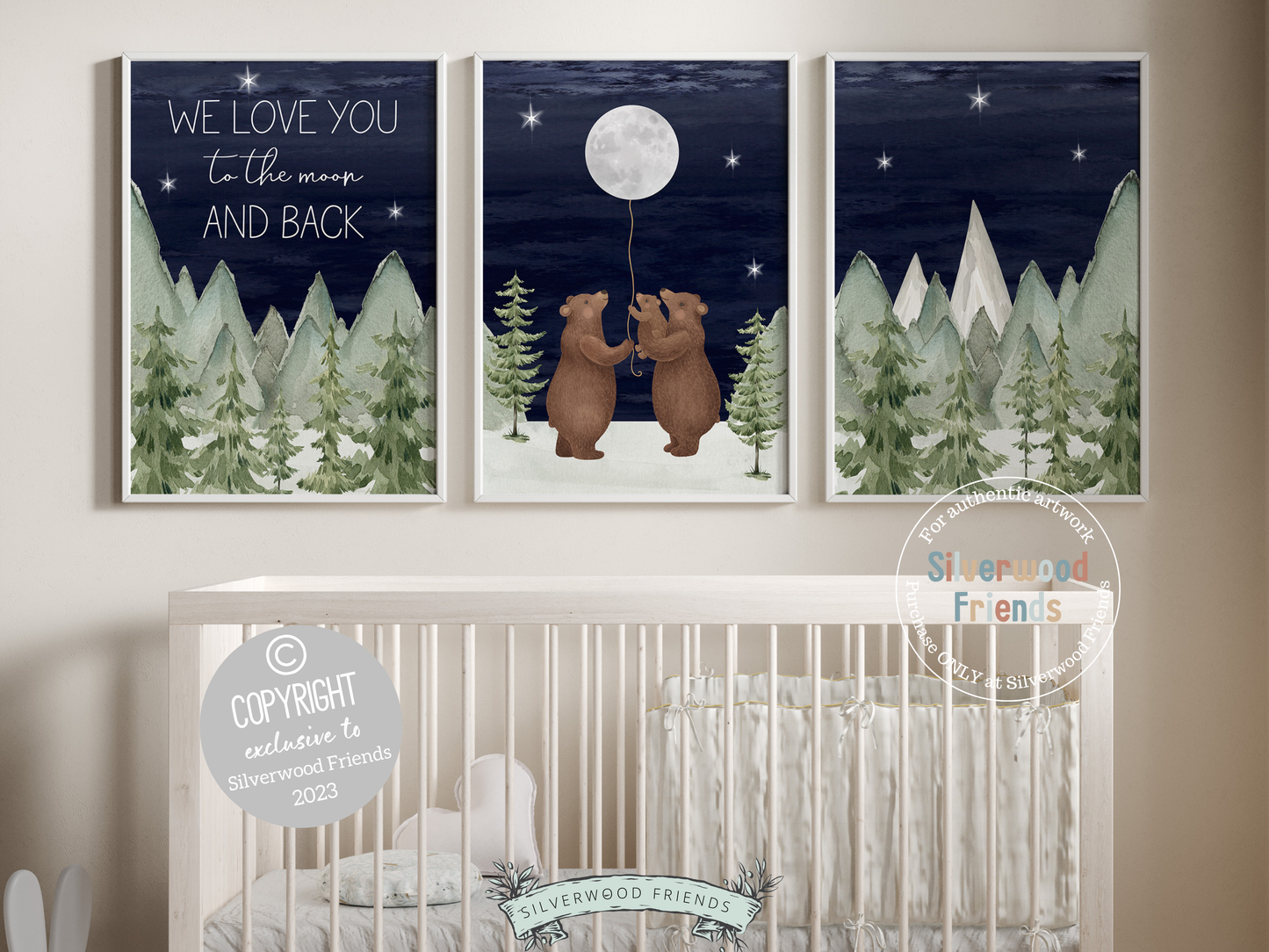 Transform your nursery decor with our enchanting Set of 3 Bear Nursery Prints featuring a family of bears holding the moon under a starry night sky surrounded by a serene watercolour mountain and woodland forest landscape and quote "We love you to the moon and back". It's ideal for your woodland nursery decor and makes a unique baby shower gift.