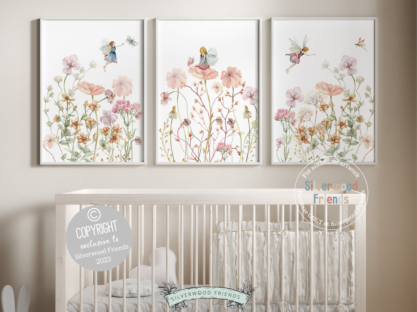 Our gorgeous Wildflower Fairy Nursery Prints with watercolour fairies and wildflower meadow flowers is perfect for your wildflower nursery decor or boho nursery and also makes a lovely baby girl baby shower gift.