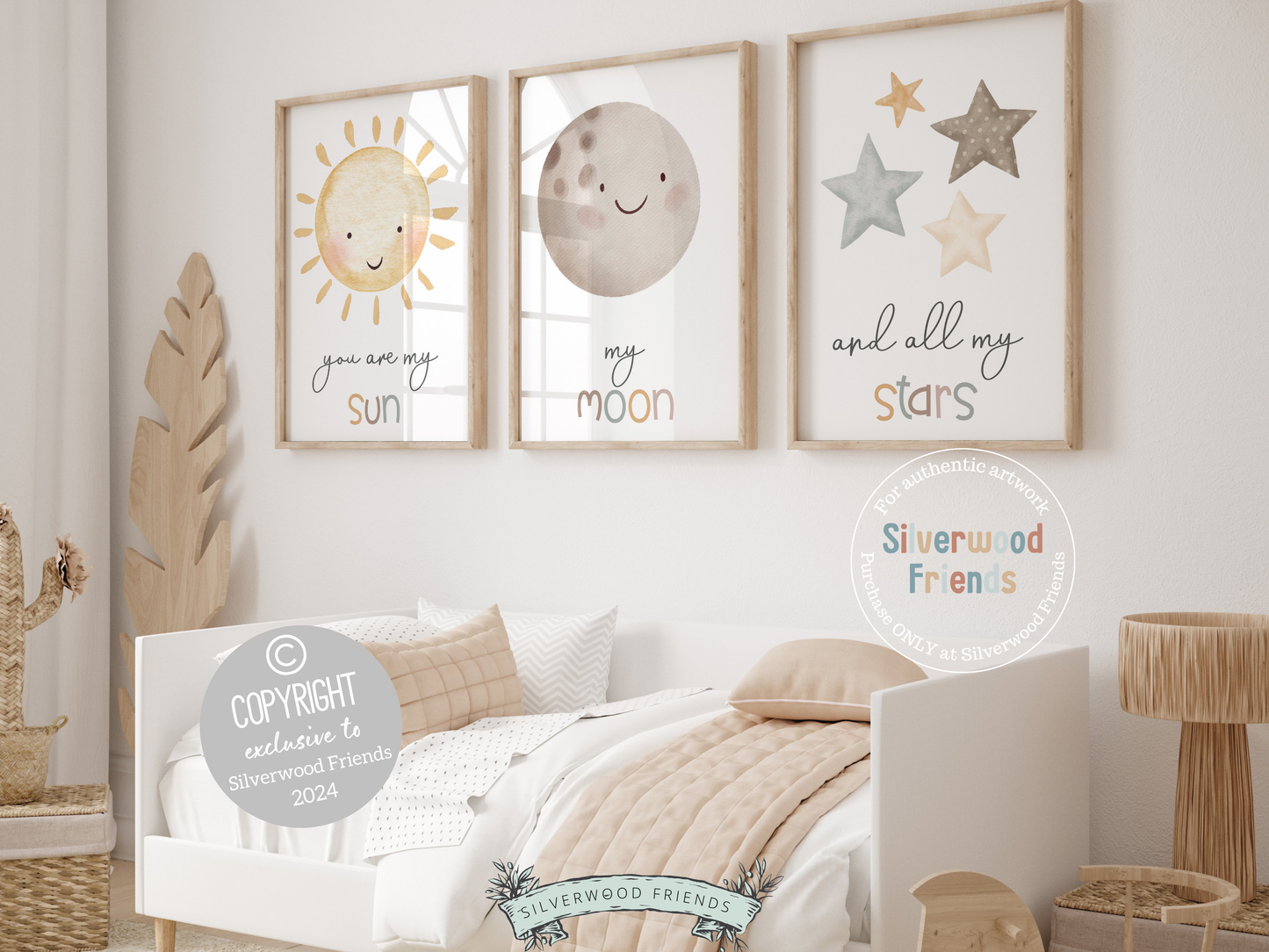 Our You Are My Sun Nursery Prints, featuring a sun, moon, and stars, along with the loving and positive quote "You are my sun, my moon, and all my stars" and will create a harmonious and dreamy atmosphere in your little one's nursery and also makes the perfect gender neutral baby shower gift.