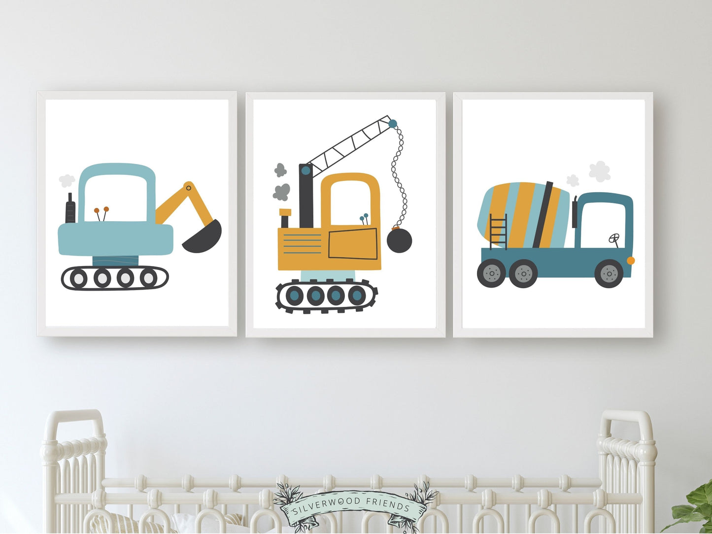 Our delightful Set of 3 Construction Nursery Prints features colorful blue and yellow digger trucks - the perfect addition to any transport lovers nursery decor! Each print showcases a different digger truck and is perfect for your transport nursery.