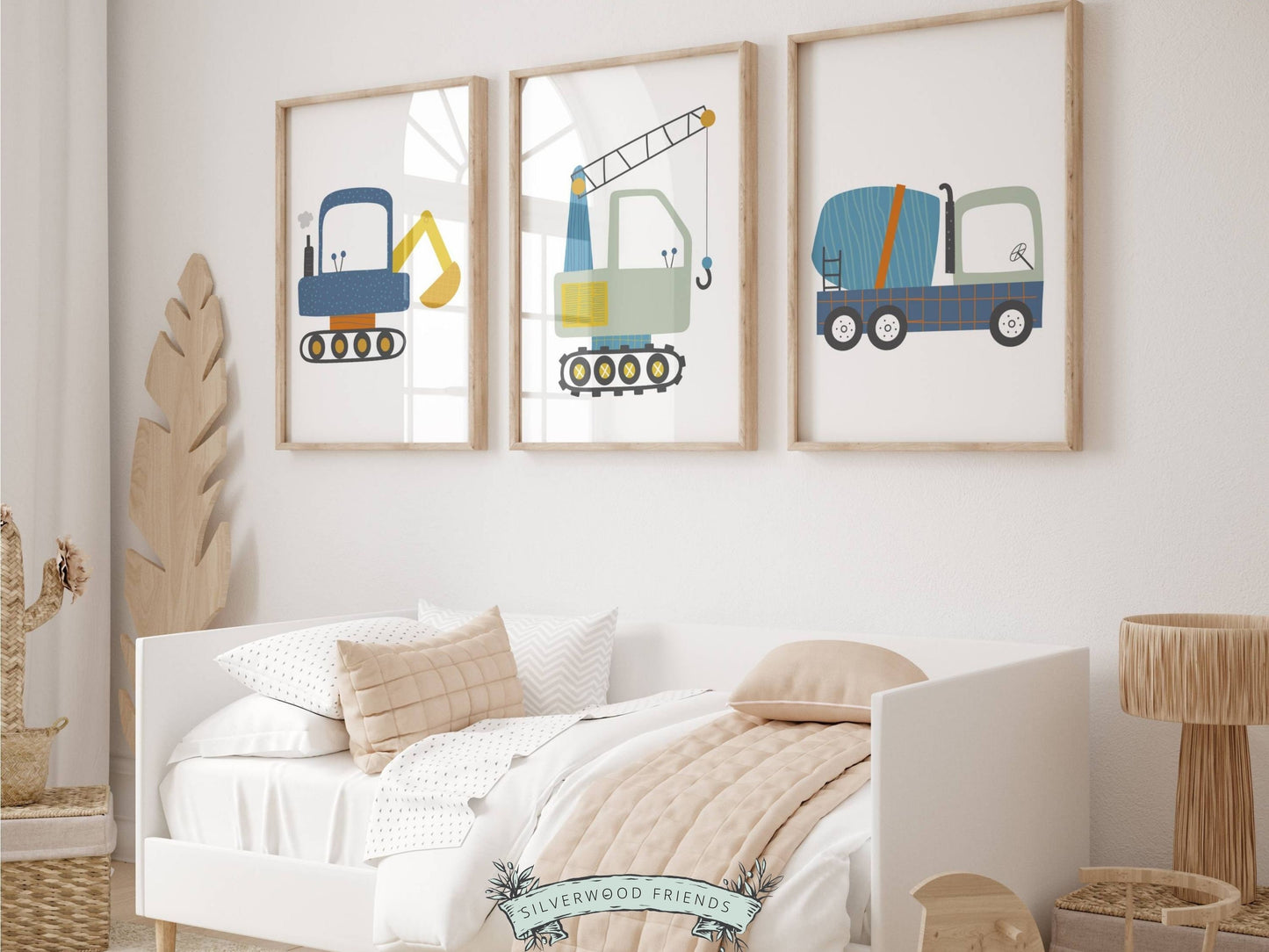 Our delightful Set of 3 Construction Nursery Prints features colorful blue digger trucks. Perfect for your construction truck nursery decor! Each print showcases a different digger truck and is perfect for your little boys nursery decor.