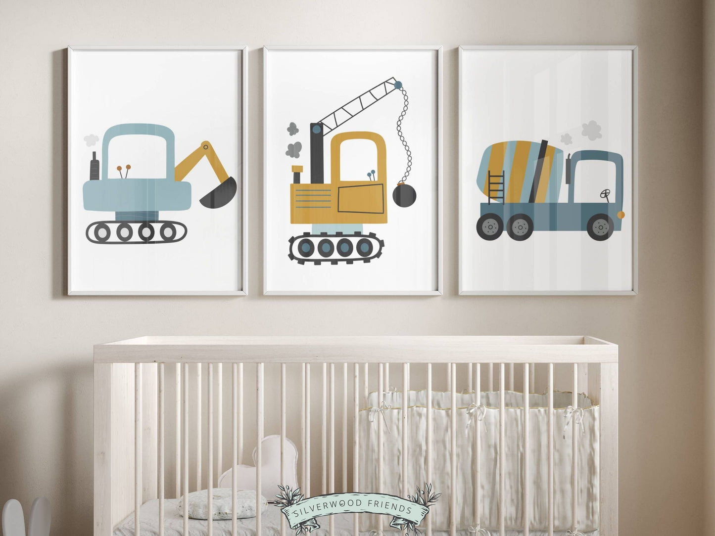 Our delightful Set of 3 Construction Nursery Prints features colorful blue and yellow digger trucks - the perfect addition to any transport lovers nursery decor! Each print showcases a different digger truck and is perfect for your transport nursery.