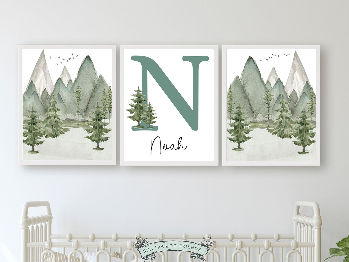 Woodland Forest Nursery Prints, Woodland Forest Nursery Decor, Mountain Nursery Print, Custom Baby Name Personalised Nursery Digital Print