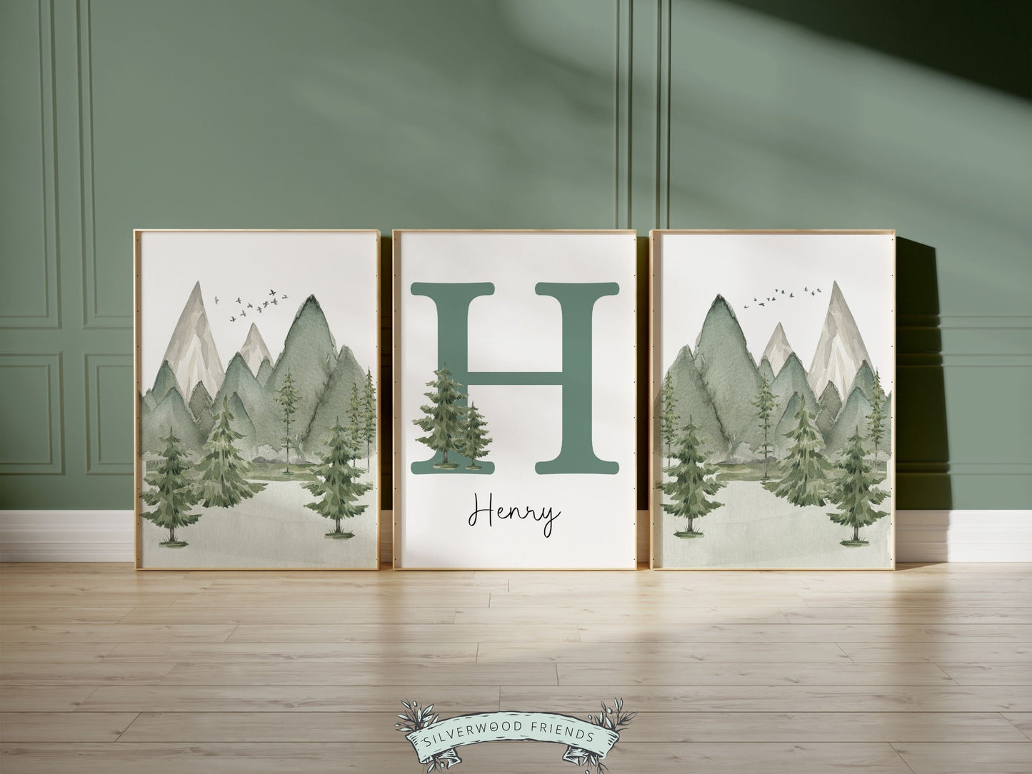 Woodland Forest Nursery Prints, Woodland Forest Nursery Decor, Mountain Nursery Print, Custom Baby Name Personalised Nursery Digital Print