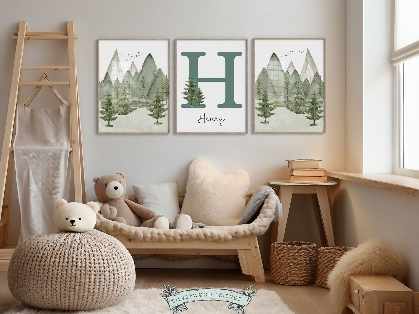 Woodland Forest Nursery Prints, Woodland Forest Nursery Decor, Mountain Nursery Print, Custom Baby Name Personalised Nursery Digital Print
