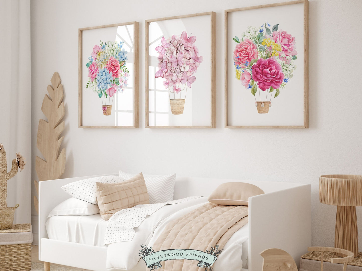 Pink Hot Air Balloon Nursery Prints, Baby Girl Nursery Wall Art Print, Girl's Floral Nursery Decor Gift, Wildflower Nursery Digital Prints