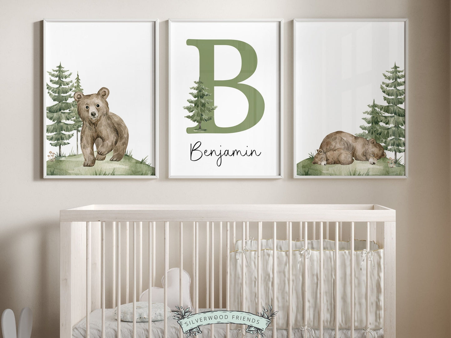 Create a personalised touch in your babys nursery or gift a cherished keepsake with these gorgeous baby bear custom name nursery prints. Perfect for your bear nursery decor or baby woodland theme nursery and makes a unique woodland baby shower gift.
