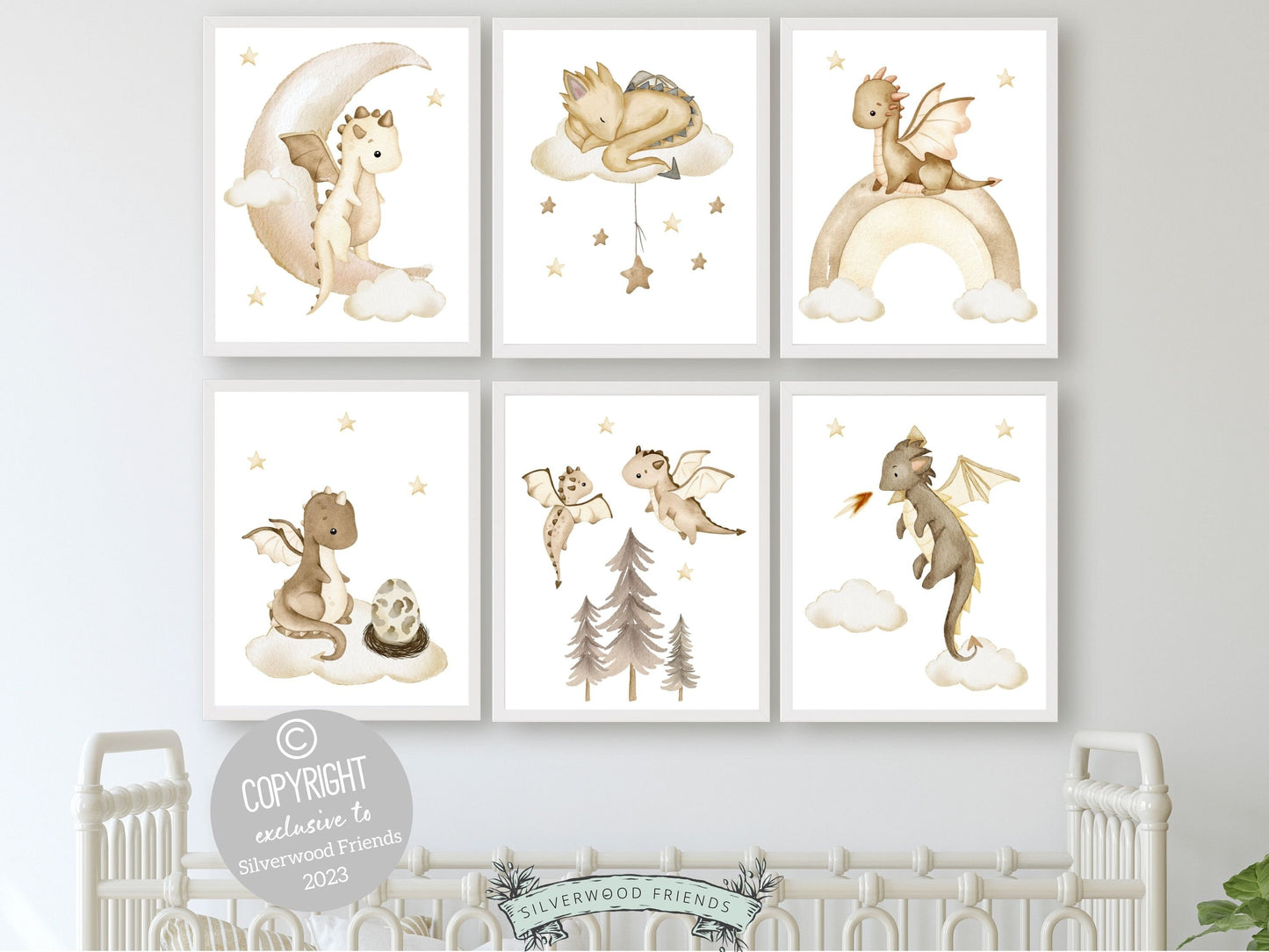 Set of 6 Baby Dragon Nursery Prints featuring beige watercolor baby dragons perfect for your dragon nursery decor or kids fantasy theme room and also makes a unique dragon baby shower gift.