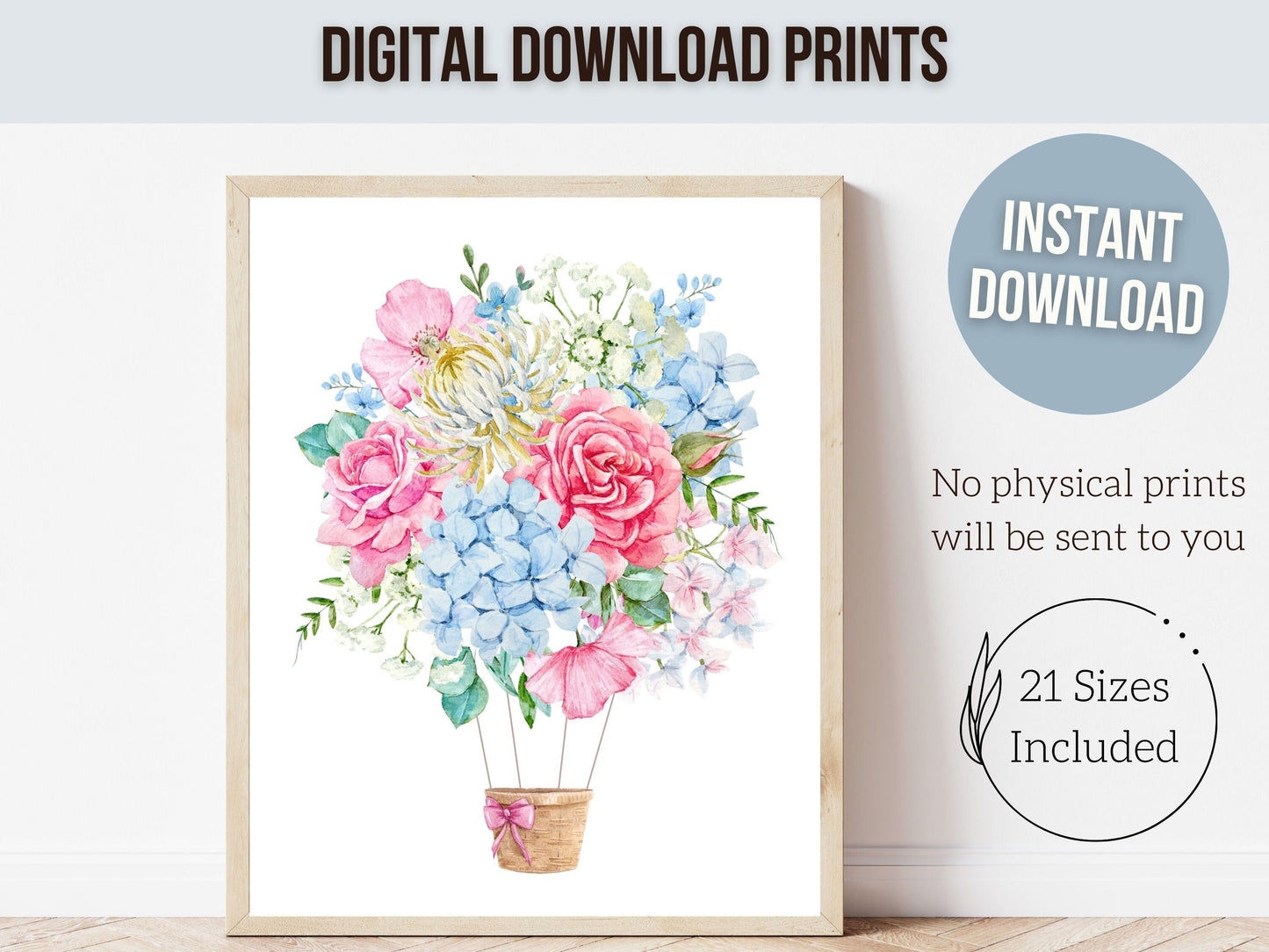Pink Hot Air Balloon Nursery Prints, Baby Girl Nursery Wall Art Print, Girl's Floral Nursery Decor Gift, Wildflower Nursery Digital Prints