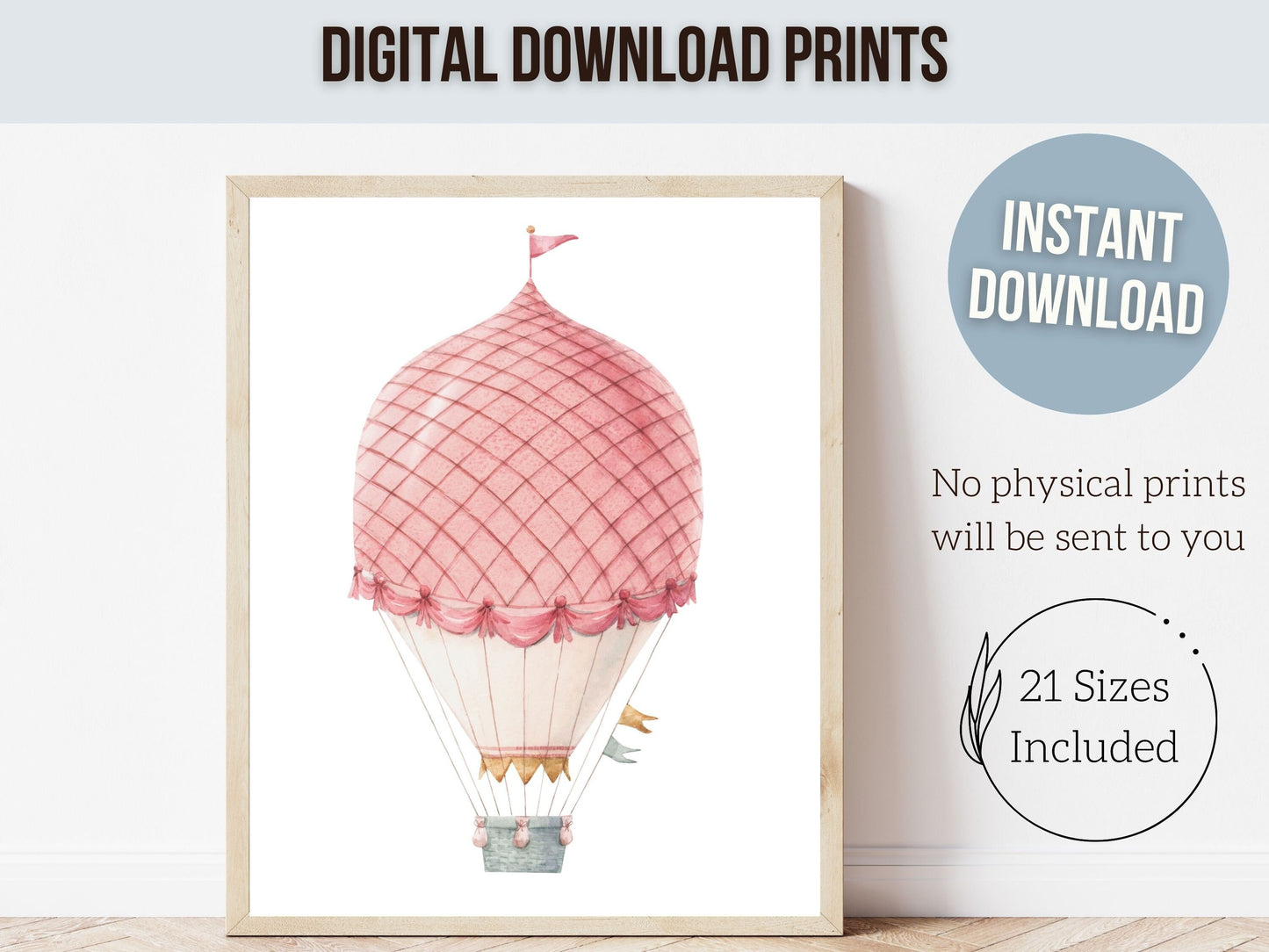 Pink Hot Air Balloon Nursery Prints, Nursery Wall Art, Girl's Nursery Decor, Trendy Dorm Room Wall Decor, Baby Girl Nursery Digital Prints