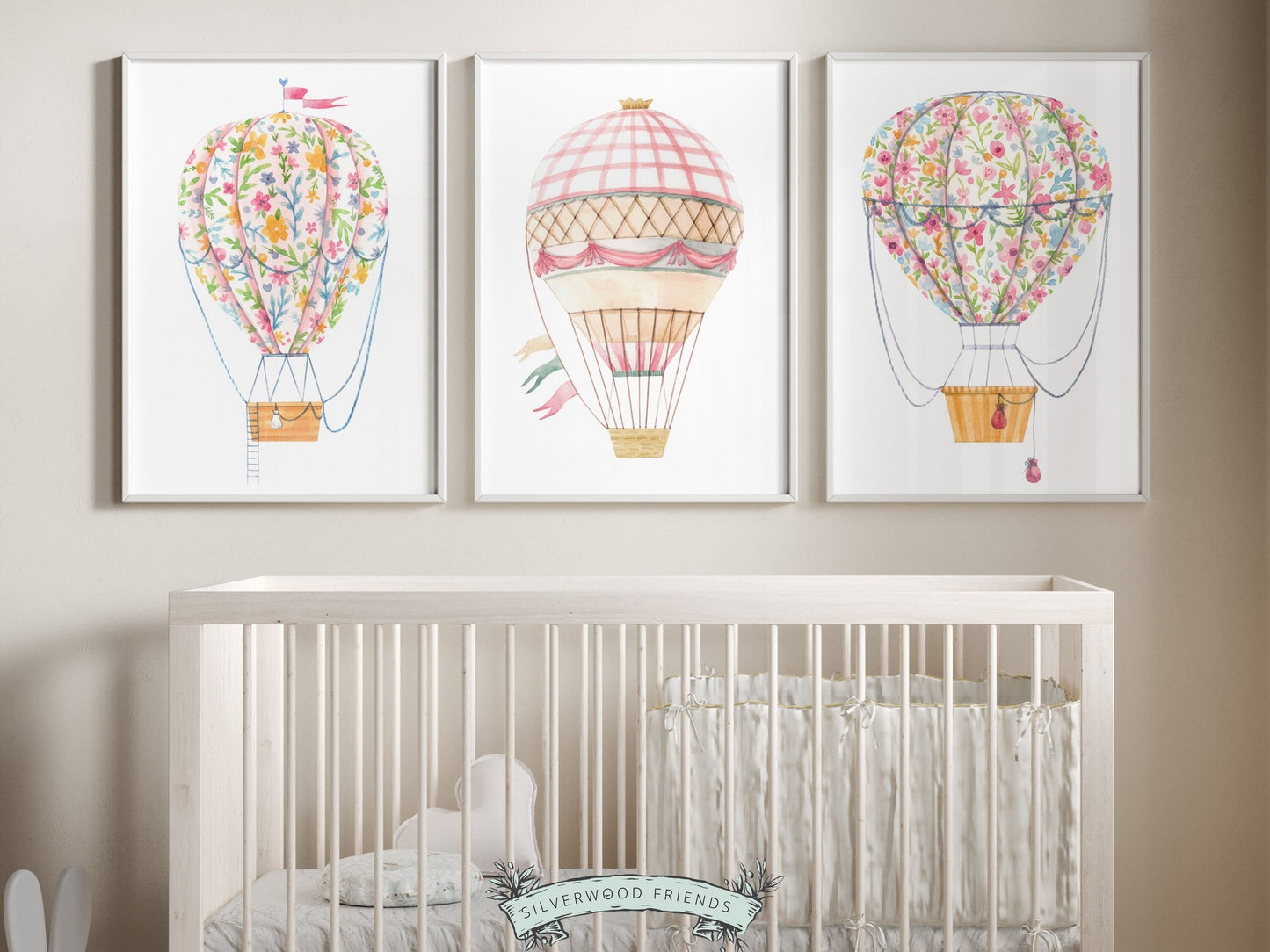 Set of 3 Pink Hot Air Balloon Prints. Whether adorning a nursery or adding a pop of color to a dorm room, these vibrant prints are as playful as they are versatile, making them perfect for both personal decor and thoughtful gifts for any occasion.