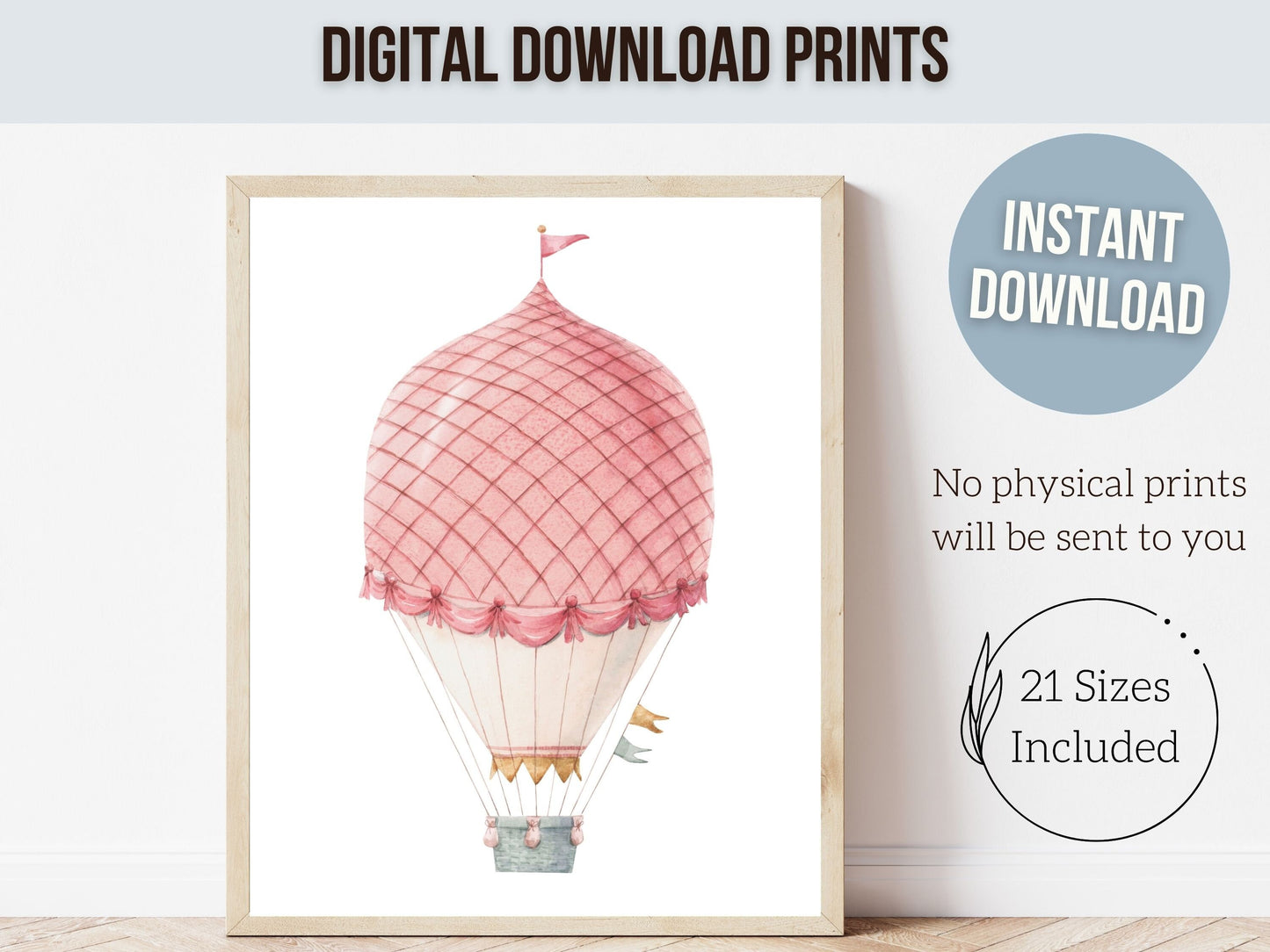 Pink Hot Air Balloon Nursery Prints, Nursery Wall Art, Girl's Nursery Decor, Trendy Dorm Room Wall Decor, Baby Girl Nursery Digital Prints