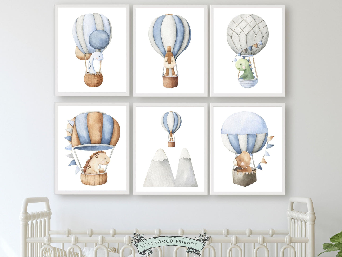 Set of 6 Dinosaur Nursery Prints features watercolor dinosaurs in hot air balloons. The perfect addition to any dinosaur lovers baby boy's nursery decor! Perfect for your dinosaur theme nursery or as an adorable dinosaur baby shower gift.