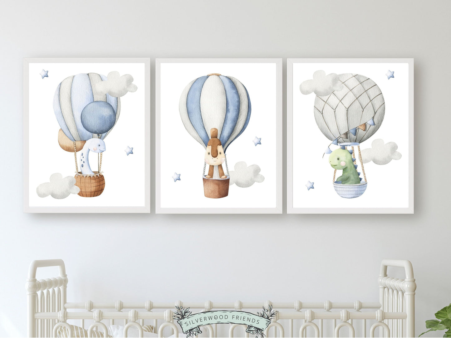 Our delightful Set of 3 Dinosaur Nursery Prints features watercolour dinosaurs in hot air balloons amongst stars and clouds. Perfect for your dinosaur theme nursery or as an adorable dinosaur baby shower gift.