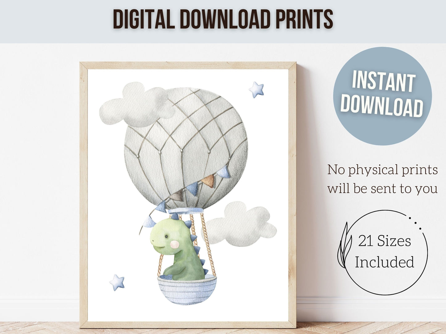 Dinosaur Nursery Prints, Hot Air Balloon Nursery Decor, Dino Kids Room Print, Toddler Boys Room Decor, Baby Boy Gift, Dinosaur Digital Print