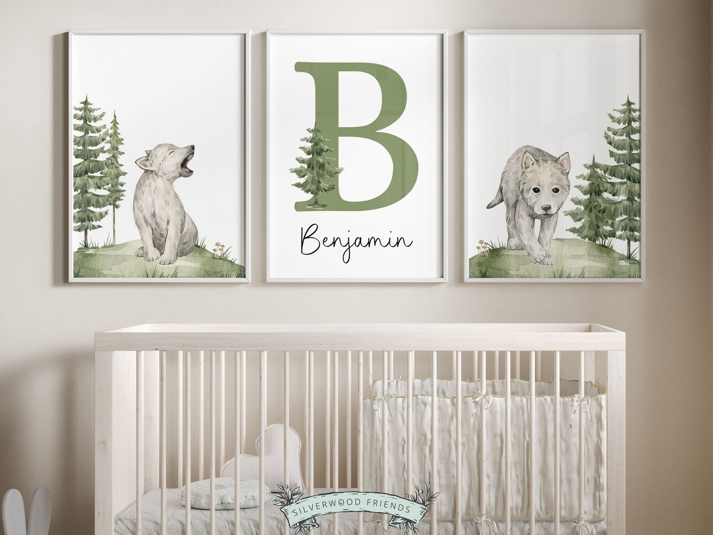 Create a personalised touch in your babys nursery or gift a cherished keepsake with our gorgeous baby wolf custom name nursery prints. Perfect for your wolf nursery decor or baby woodland theme and makes a unique woodland baby shower gift.