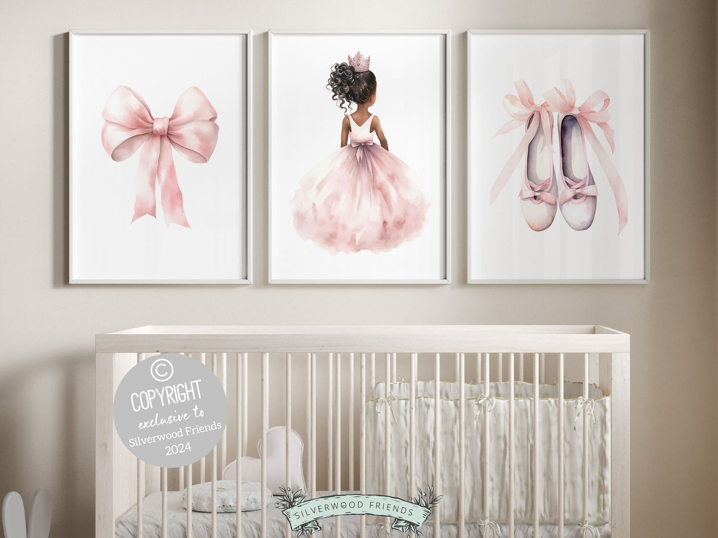 Set of 3 Princess Ballet Nursery Prints showcasing a whimsical princess ballerina, delicate bow, and dainty ballet slippers. Infuse her space with a sprinkle of fairy tale magic, perfect for a ballet princess theme bedroom.