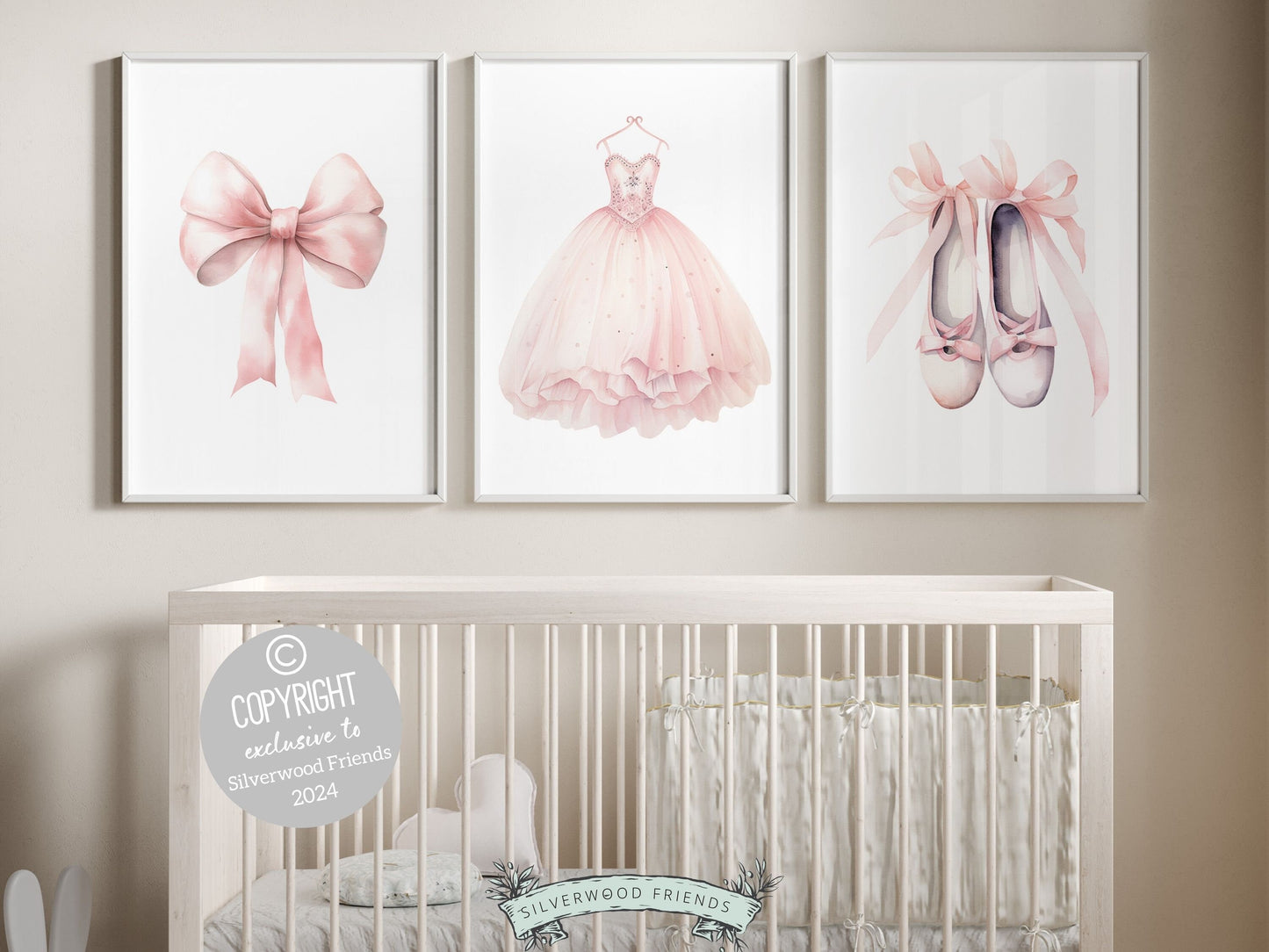 Set of 3 Princess Ballet Nursery Prints showcasing a whimsical princess dress, delicate bow, and dainty slippers. Infuse her space with a sprinkle of fairy tale magic, perfect for a ballet inspired nursery or a princess themed bedroom.