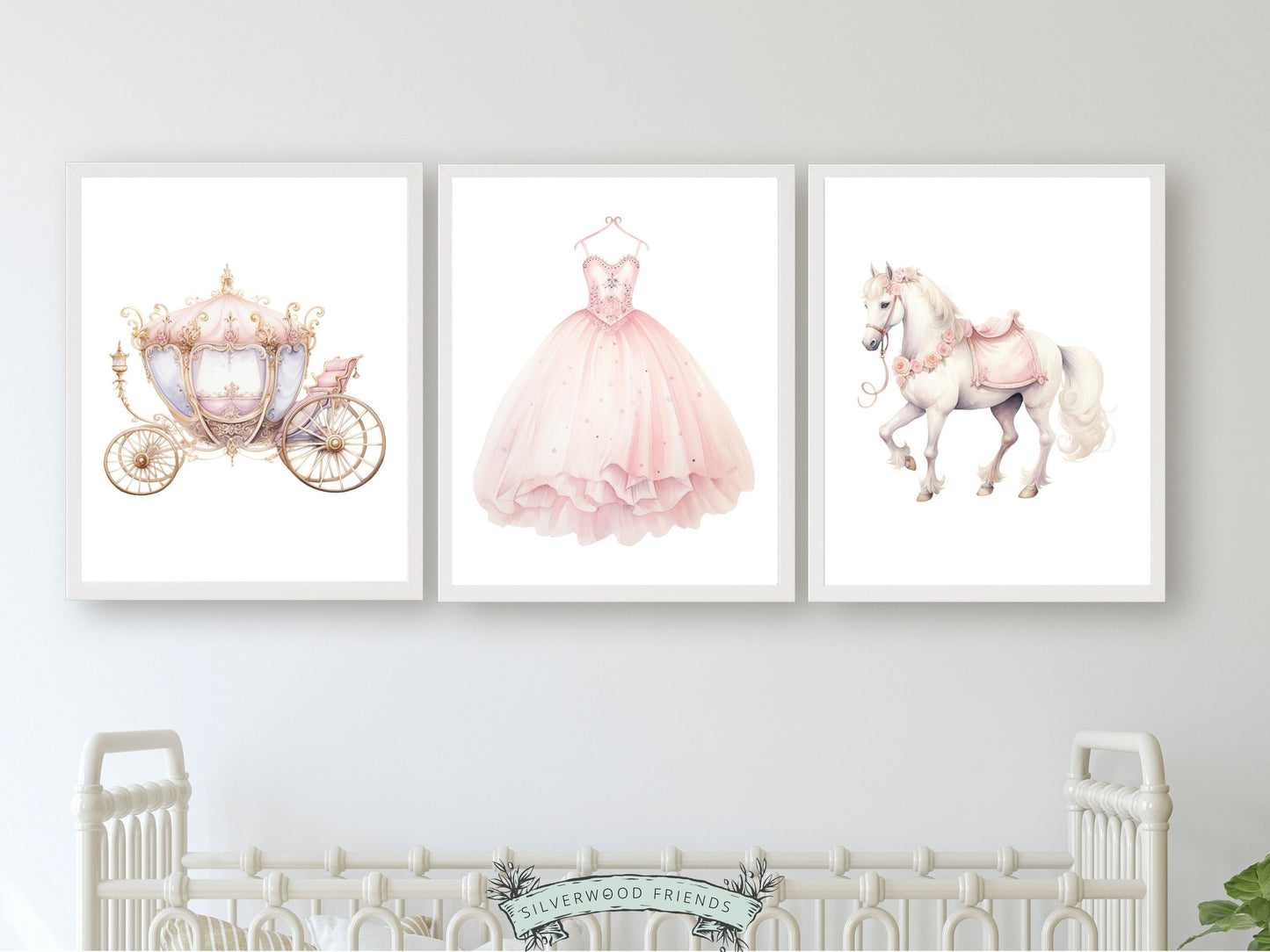 Set of 3 Princess Nursery Prints, featuring a whimsical princess dress, majestic carriage, and gallant horse. Perfect for a princess themed bedroom